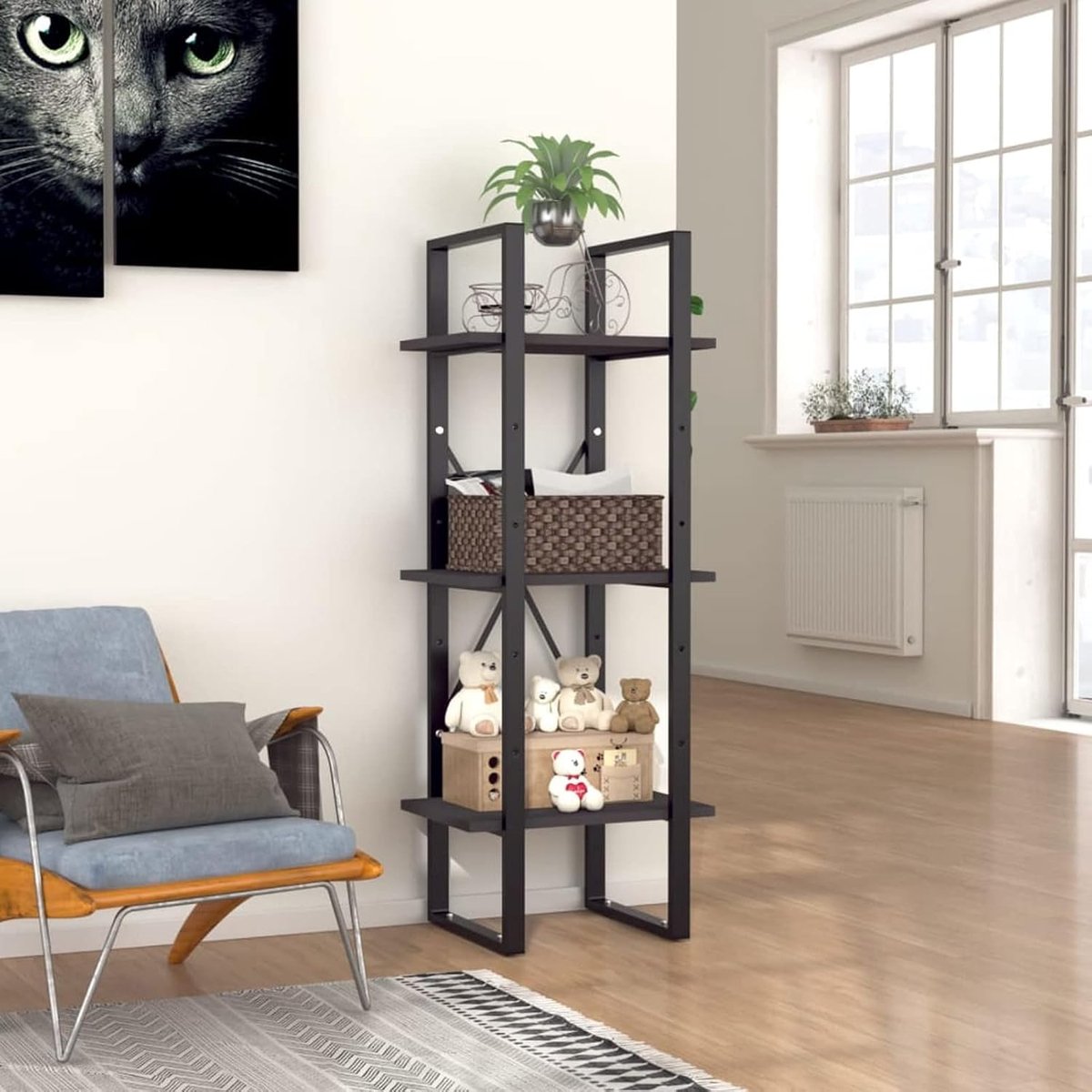 Boekenkast met 3 niveaus, opbergrek, staand rek, boekenkast voor woonkamer, werkkamer, kantoor en hal, industriële stijl, spaanplaat en metaal, grijs 40 x 30 x 105 cm