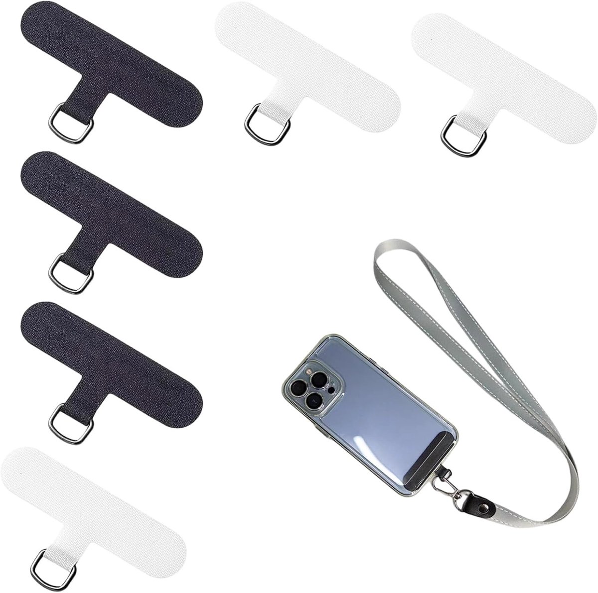 4 stuks mobiele telefoonkoord patch – universele pads, geschikt voor verschillende telefoonhoesjes, 0.5mm dun, met metalen sluiting, zwart