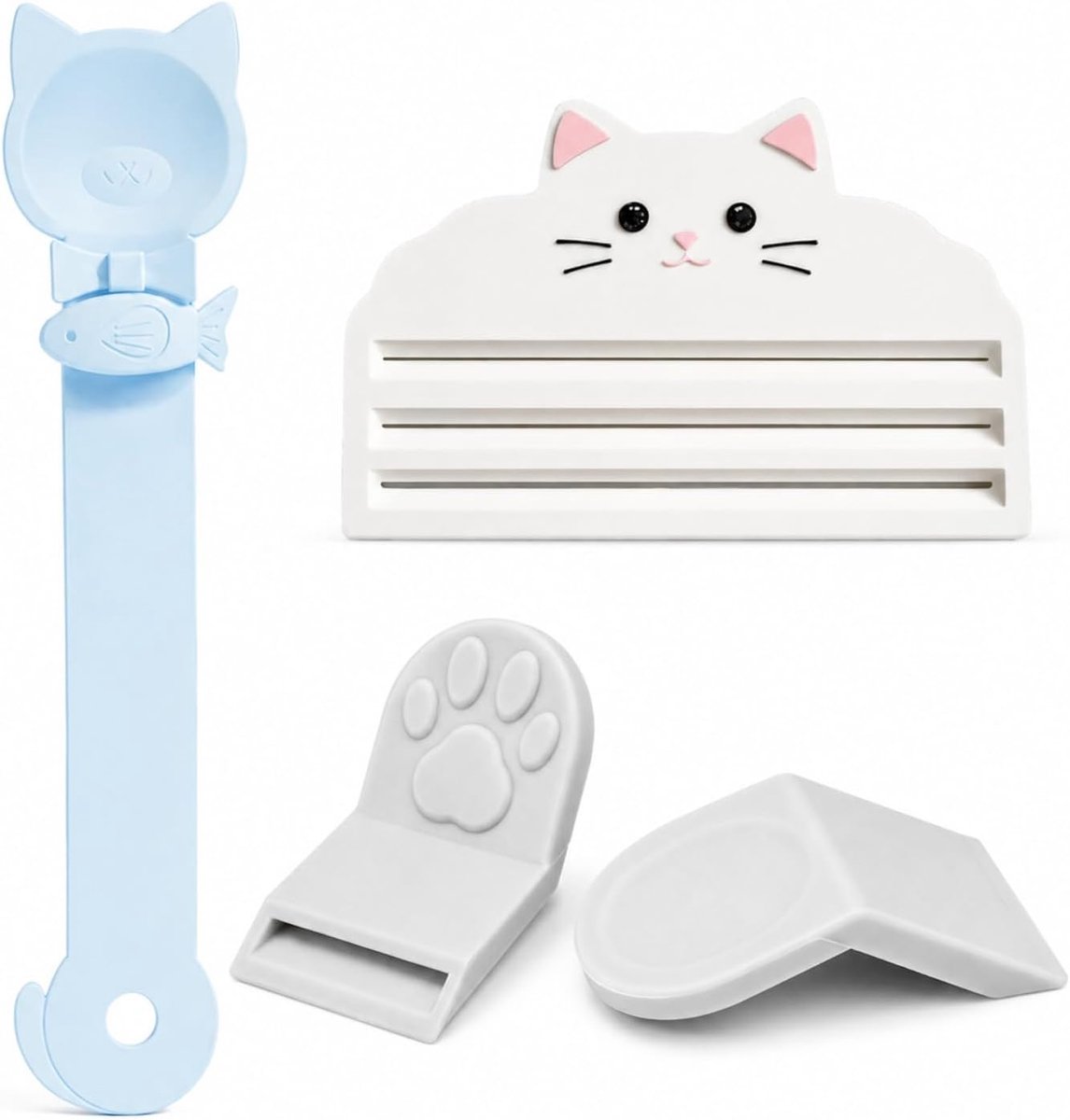 1 blauwe kattenvoerlepel voor nat voer, inclusief witte dispenser met kattenmotief en grijze flesopener, praktische accessoires voor blikjes en zakken, vaatwasmachinebestendig