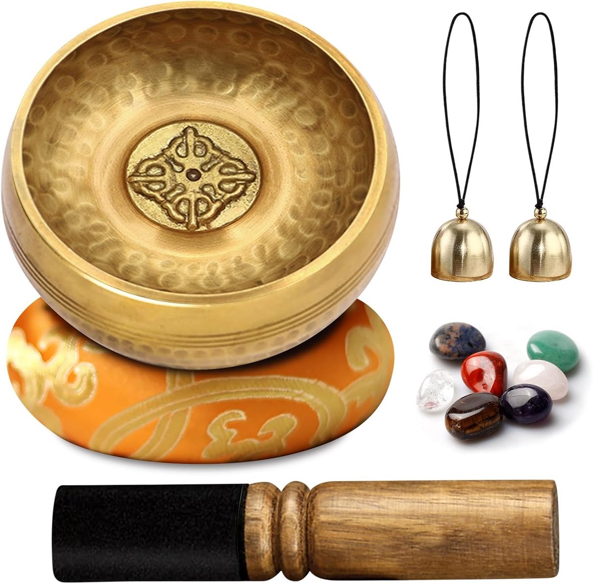 klankschaal, meditatieklankschaal, Tibetaanse klankschalenset, klankschaalset met 7-kleurige yogasten, 2 klokken, Tibetaanse klankschalen, Singing Bowl voor ontspanning meditatie