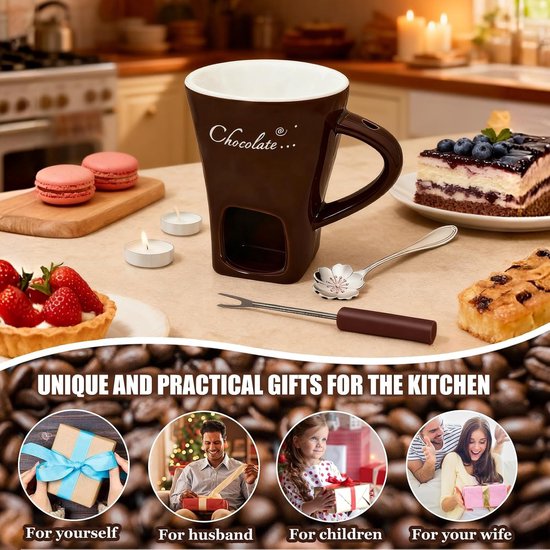 Mok voor Chocoladefondue - Wit - 200 ml - Keramische Fondue Set met Vork en Theelichtjes - Voor 1-2 Personen — afbeelding 4
