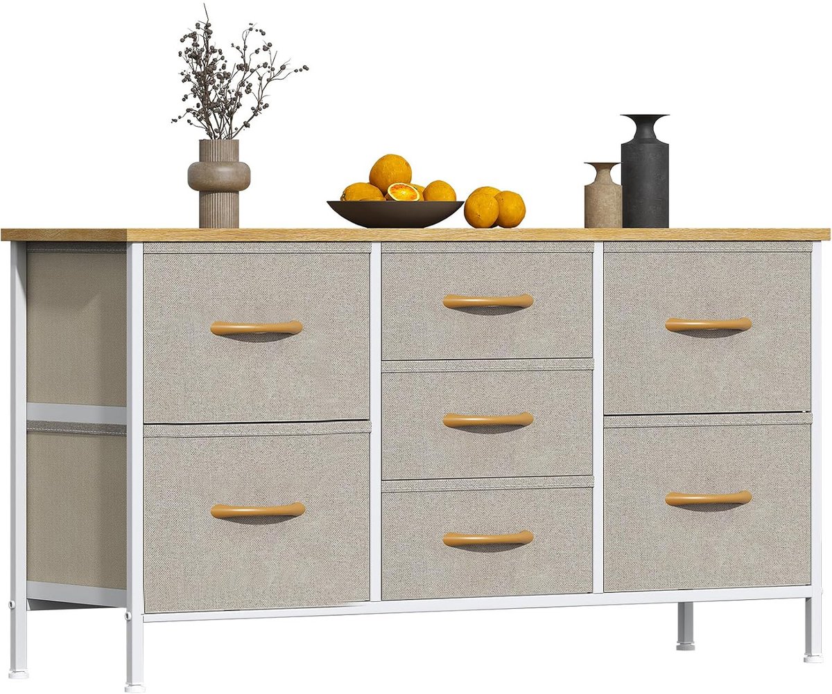 Lage ladekast met 7 stoffen lades - Khaki/wit met houtlook - Voor woonkamer en slaapkamer - MDF blad en verstelbare voetjes - 100 x 30 x 54 cm
