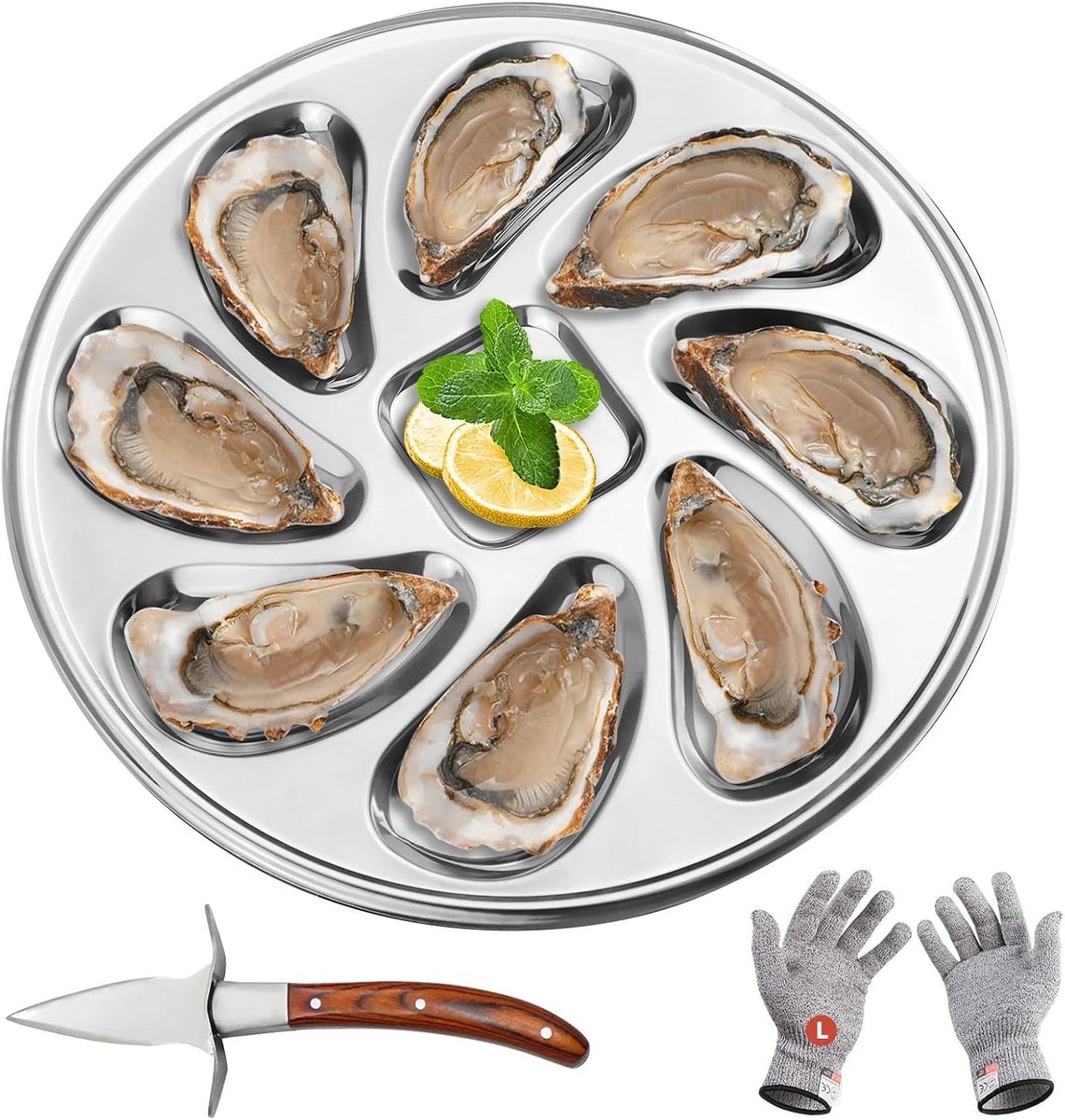 1 x oesterbord, roestvrij staal, 8 sleuven, oesterplaat met oestermes en handschoenen, te gebruiken voor het plaatsen van oesters, sint-jakobsschelpen
