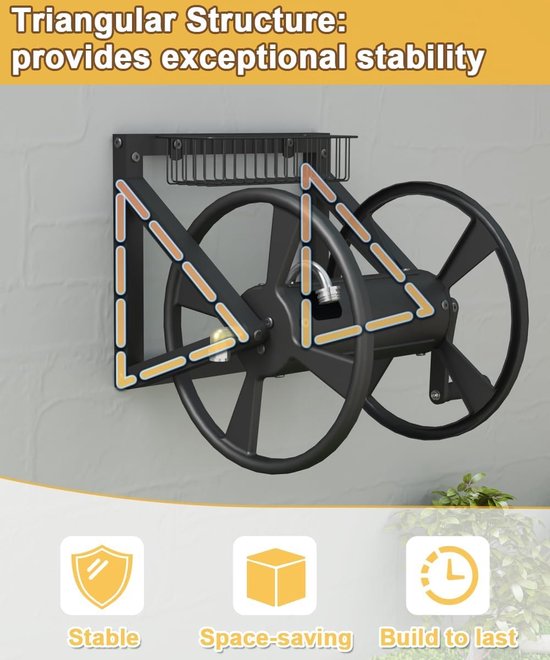 Stevige driehoekige tuinslanghaspel, wandmontage met slinger, voor 38 m slang (5/8") met 119 cm voorslang, messing fitting, opbergmand voor patio & tuin, Zwart — afbeelding 5