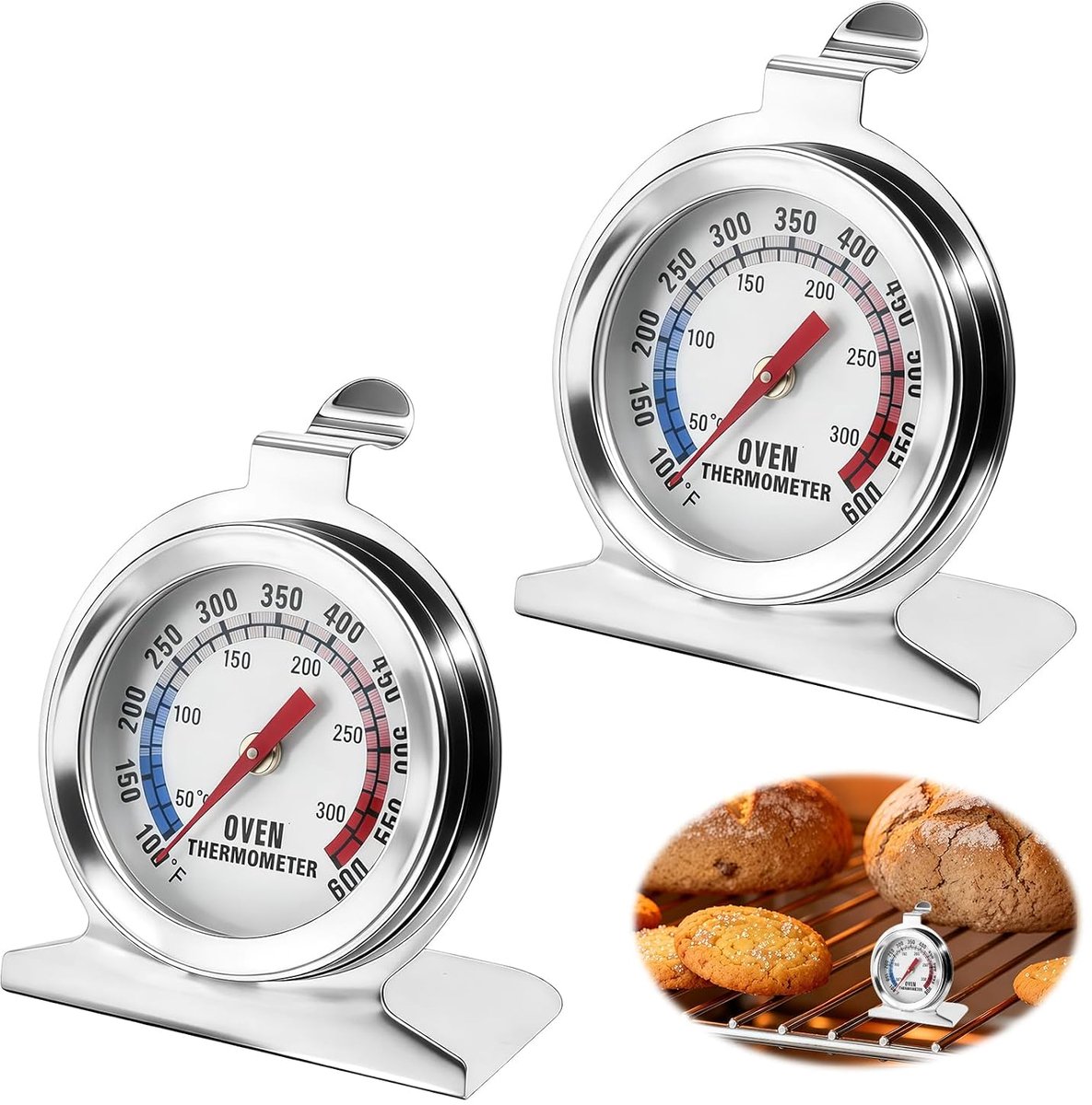 2 stuks gekke thermometer, 50 ~ 300 ℃/100 ~ 600 ℉ Thermometers voor Ophangen/Staande Oven, Gemakkelijk Aflezen Direct Keukentemperatuur voor Koken Geroosterd Voedsel Gebak Brood BBQ