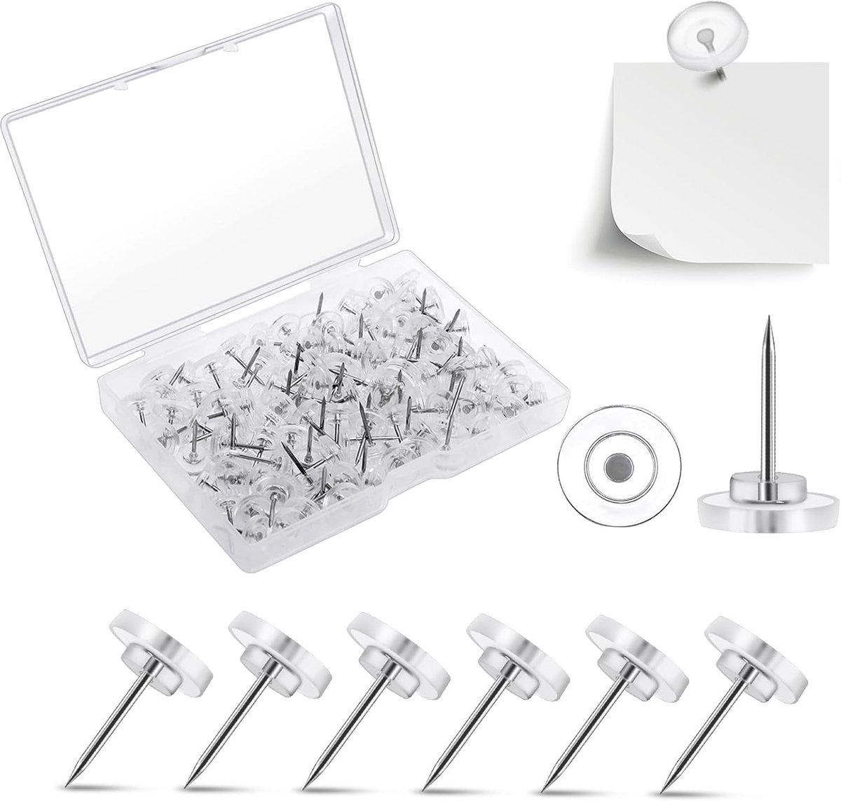 120 stuks rijstdoelen met kop, transparante punaises, 16 mm pinnaalden, nietpunten, rijstdokjes, wit, punaises met opbergdoos voor prikbord, kantoor, school, thuis