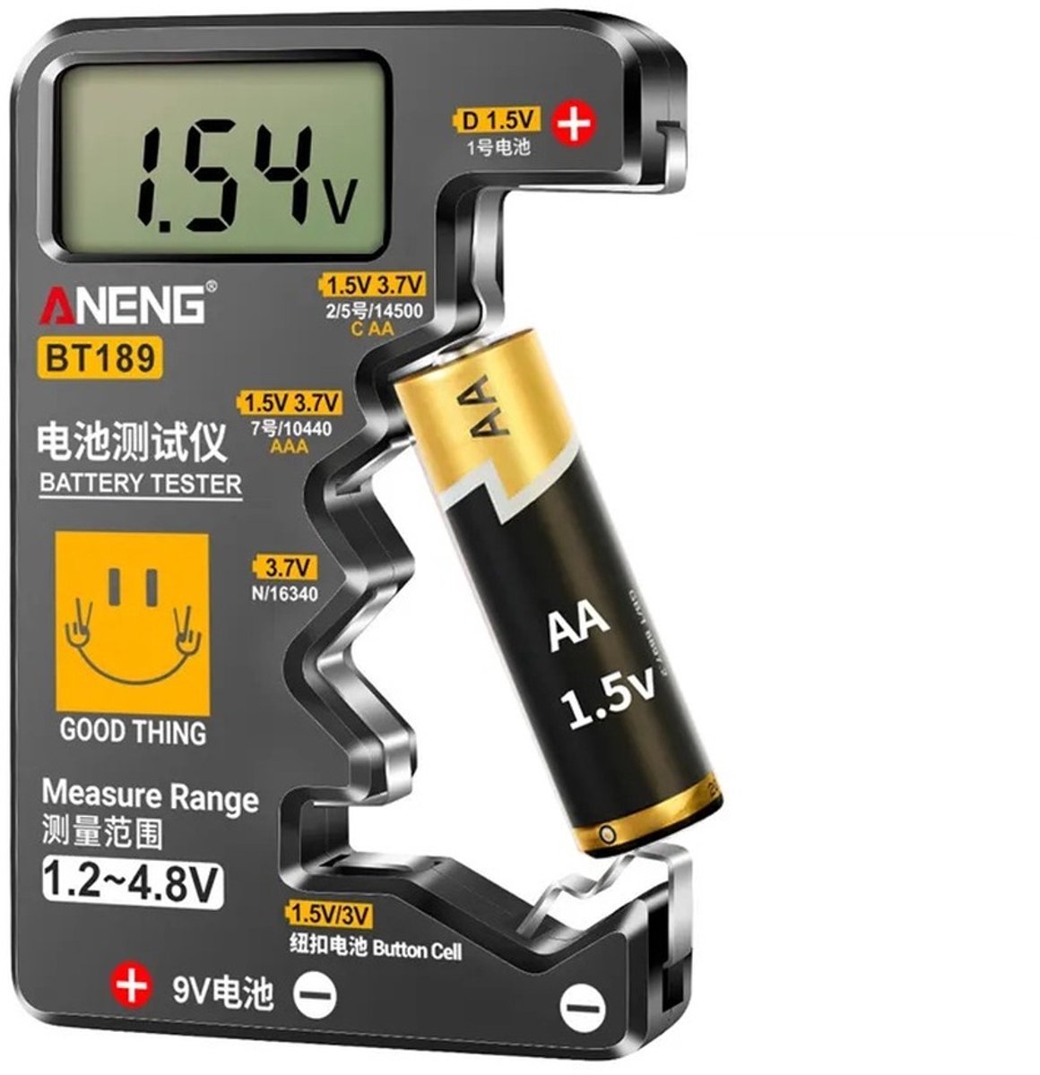 MobileCreation Digitale Batterijtester - LCD-Scherm - AA/AAA/C/D/N/9V en 1.5V/3V Knoopcel - Werkt Zonder Batterij - Zwart