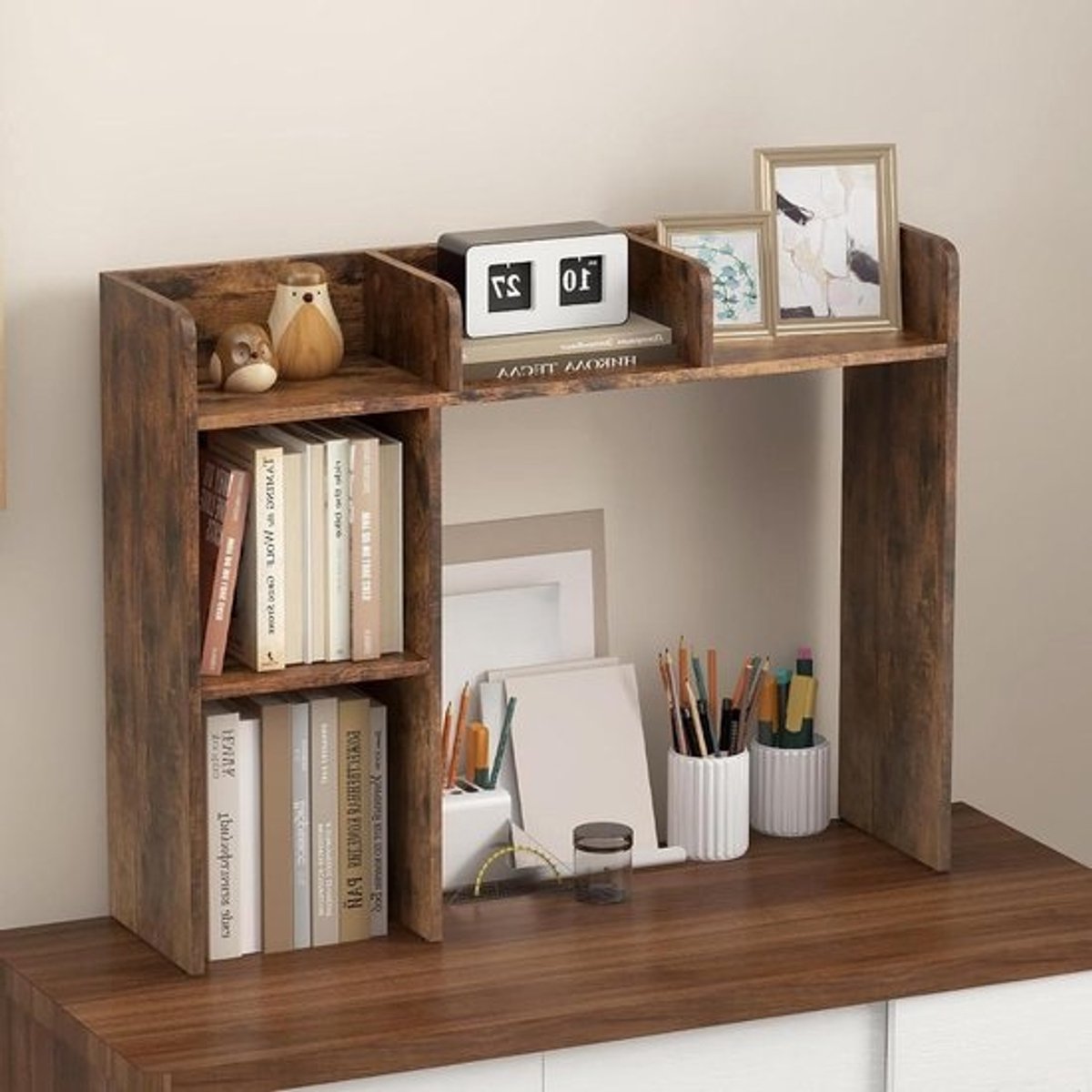 Bureaurek met laden - Bureau organizer - Werkplek organiseren - Met monitorsteun - 94 x 25 x 74 cm - Bruin