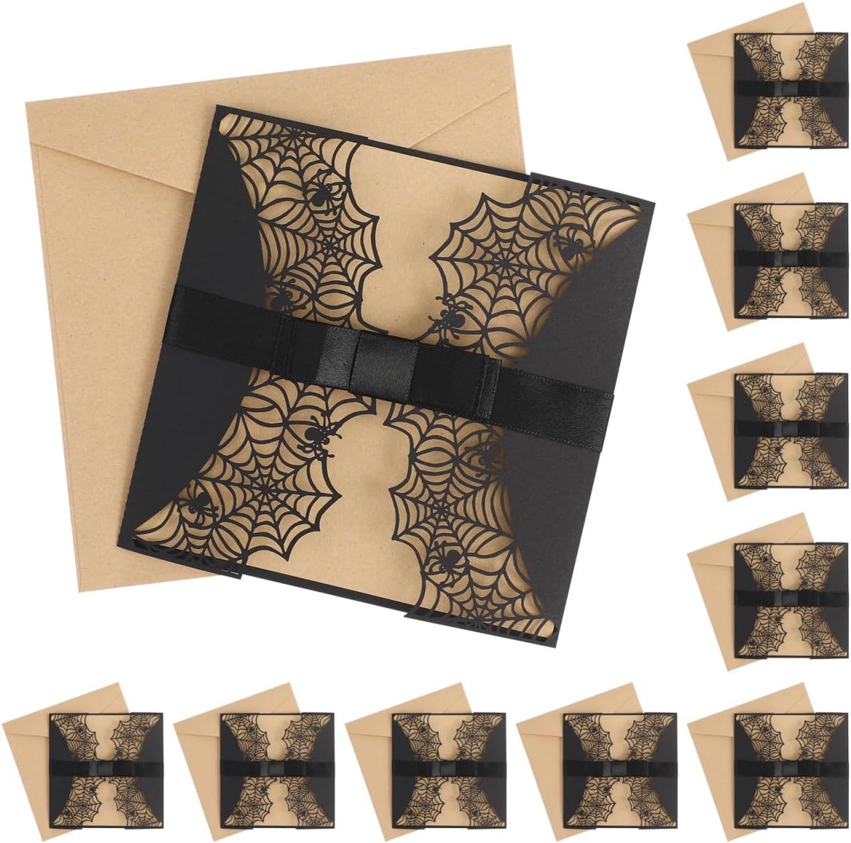 Uitnodigingskaarten voor Halloween, 10 stuks, van parelpapier, zwart, hol in spinnenwebdesign, unieke uitnodigingskaarten voor Halloween en jubilea