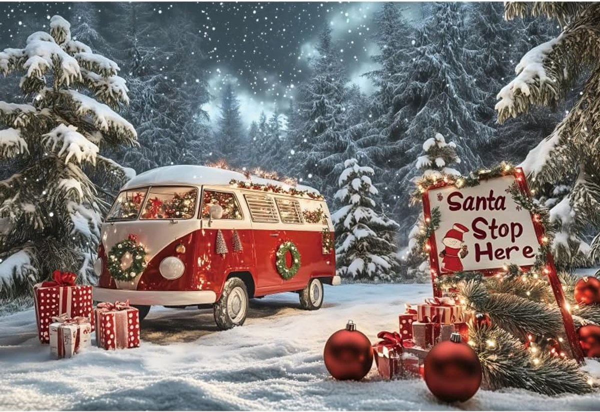 Achtergrond 3x2.5m Kerstman Stop Here Snowland Bus Rood Nieuwjaar Achtergrond Foto Sneeuw Zware dennenbossen Kerstbal Rode Decoratie Decor Kind Portret Foto Prop