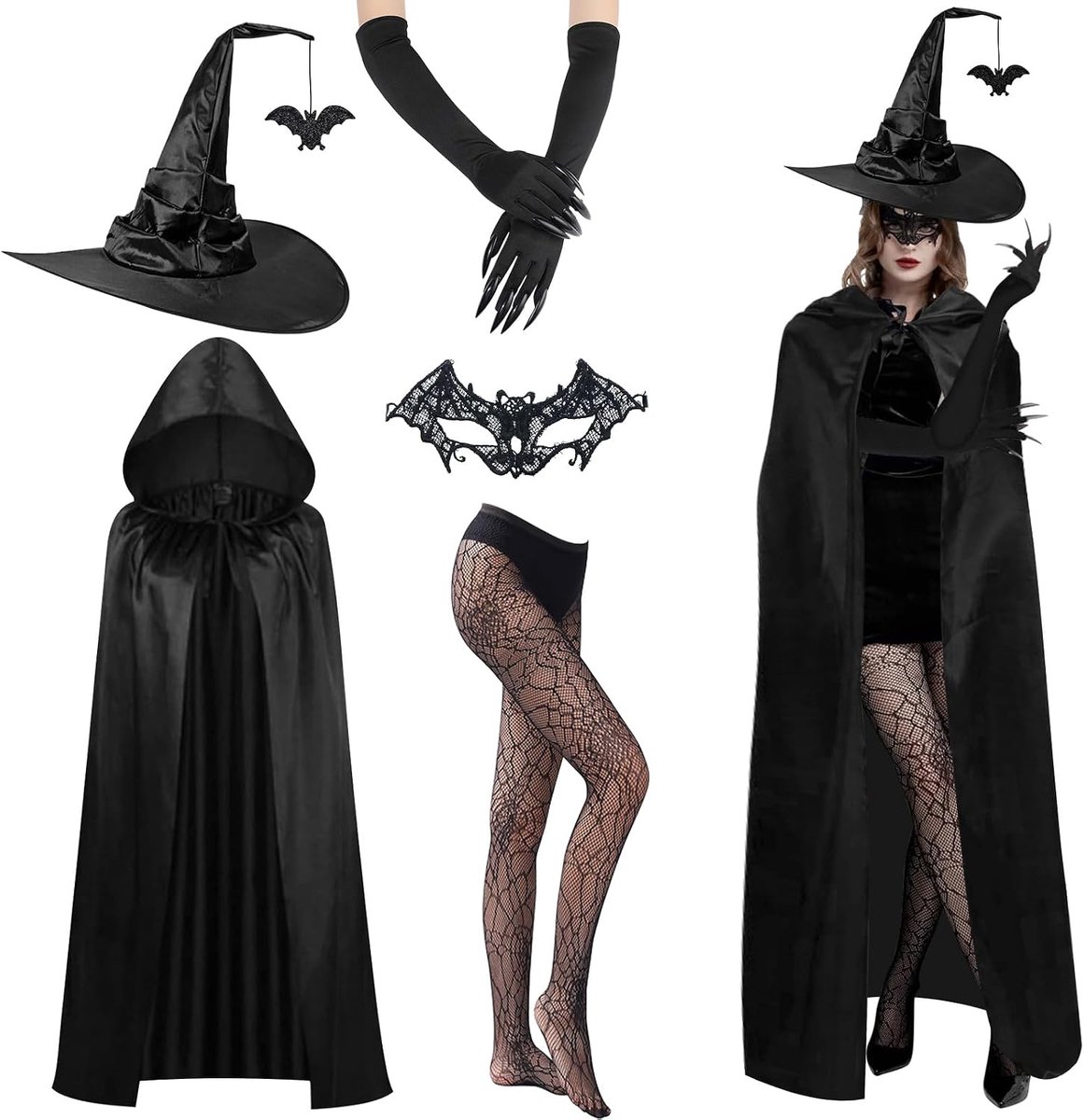 Heksenkostuum voor dames, heksenkostuum voor dames, heksenkostuum voor Halloween, kostuumfeesten en kerstverkleedpartijen, zwart