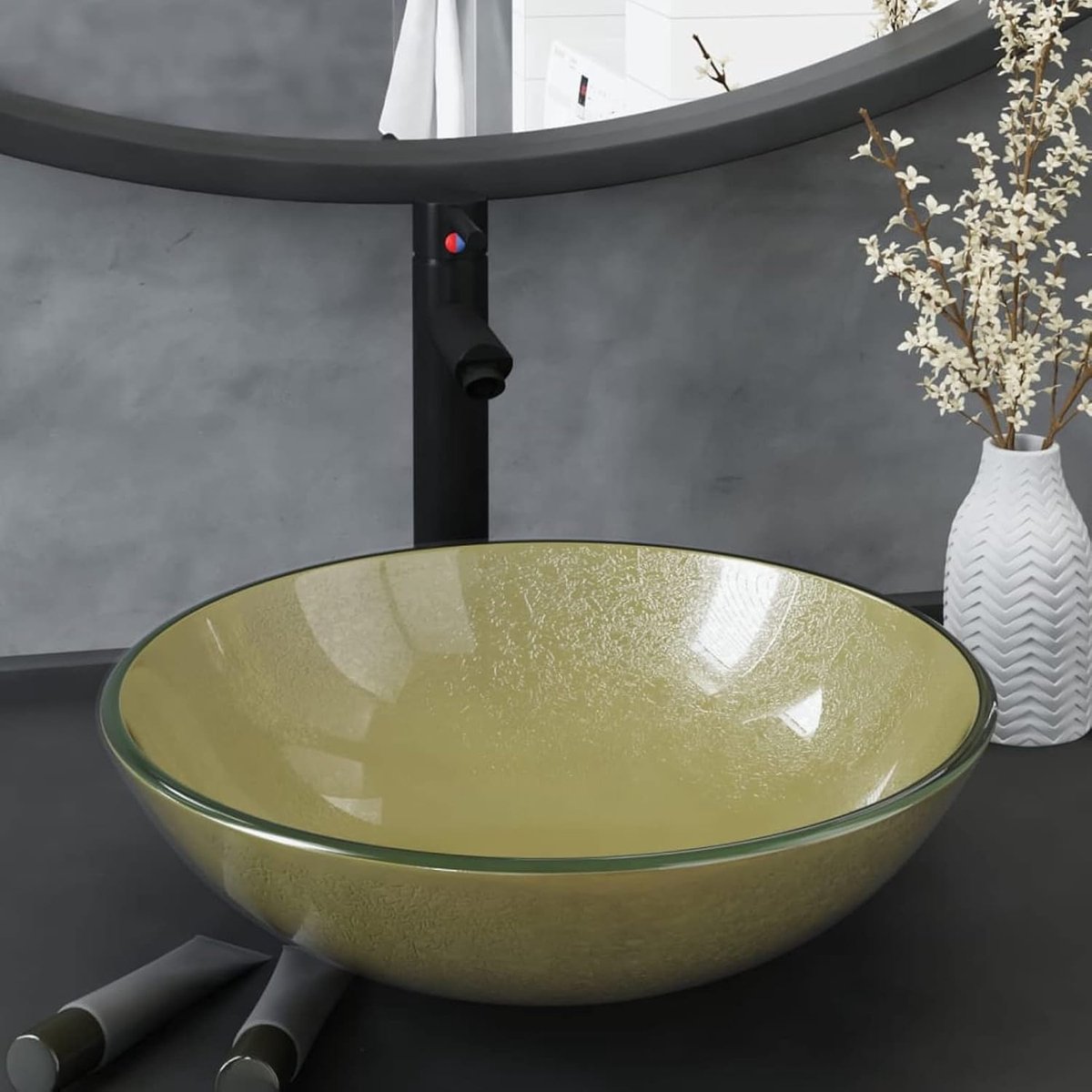Wastafels, Badkamer Wastafel, Rond, Van Gehard Glas, Met Kraan, Met Drukafvoer, 42 x 14 cm, Ronde Wastafel, Standvoet 42 cm