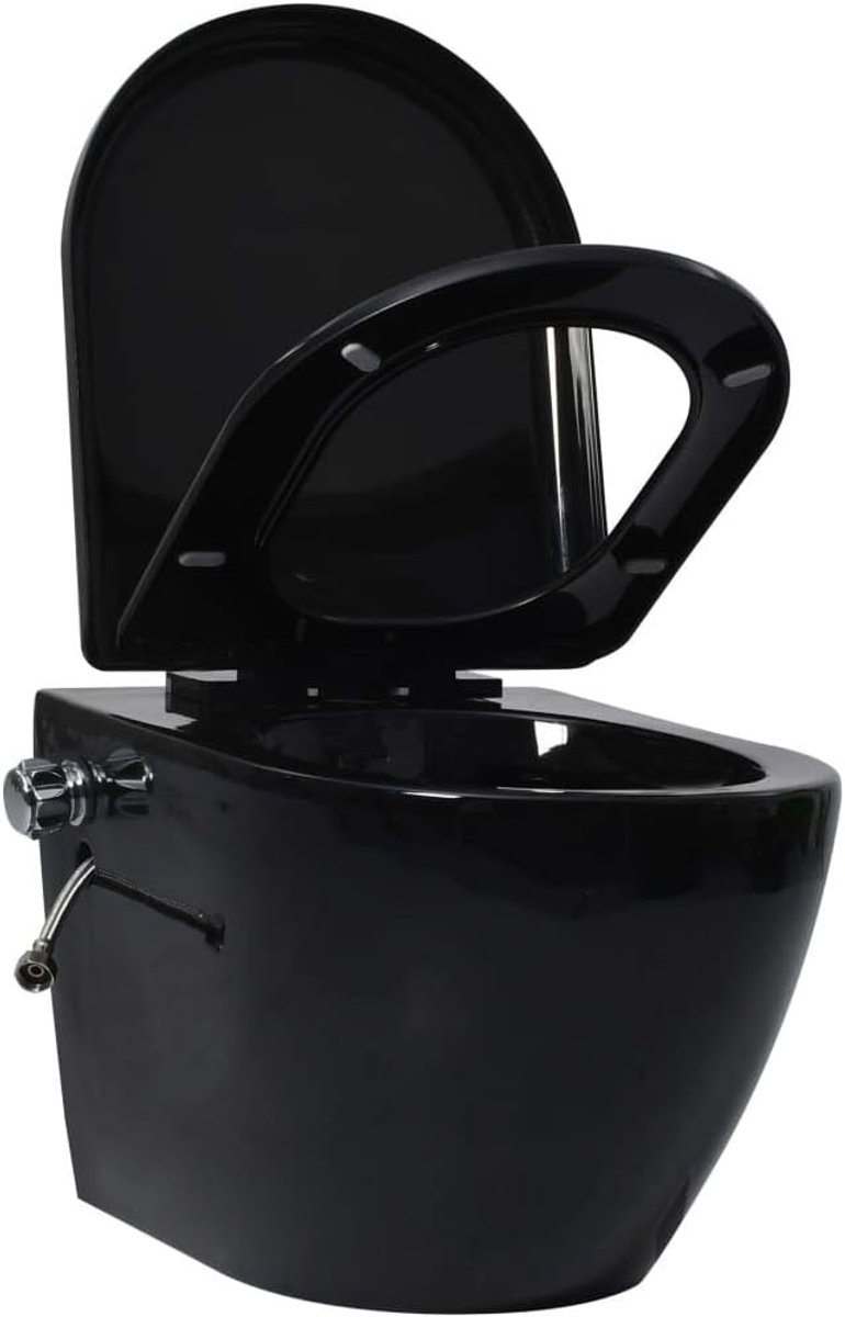 Toilet zonder rand, met bidet-functie, keramiek, zwart, wandmontage, toiletvaas, wandtoilet, badkamervaas, badkamer vaas, badkamer bloempot