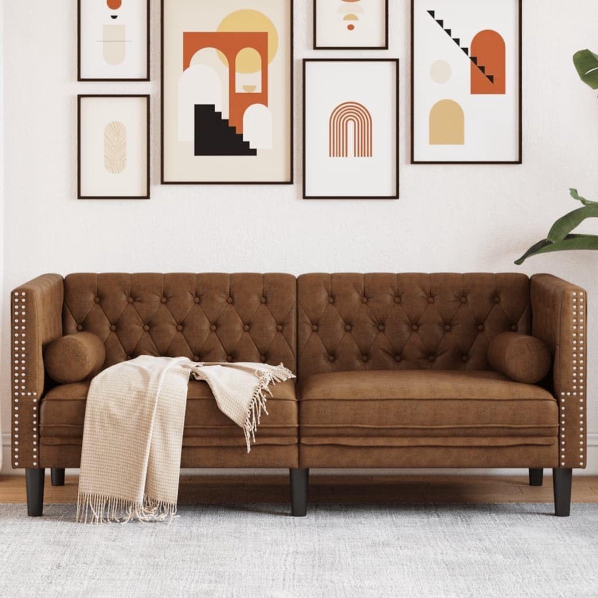 2-zits bruin kunstleer in suède-look klassieke Chesterfield-stoel met fluwelen bekleding en knoopstiksels voor stijlvol comfort