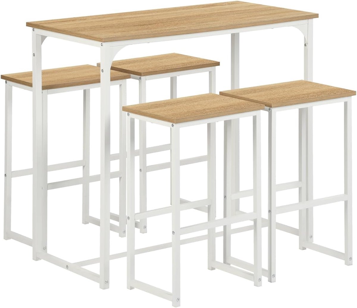 Bartafel met 4 krukken, set hoge bartafel met 4 krukken, eettafel voor bar, hoog en kruk, tafel voor keuken en stoelen, ruimtebesparend, voor huis, keuken, taverne, eiken