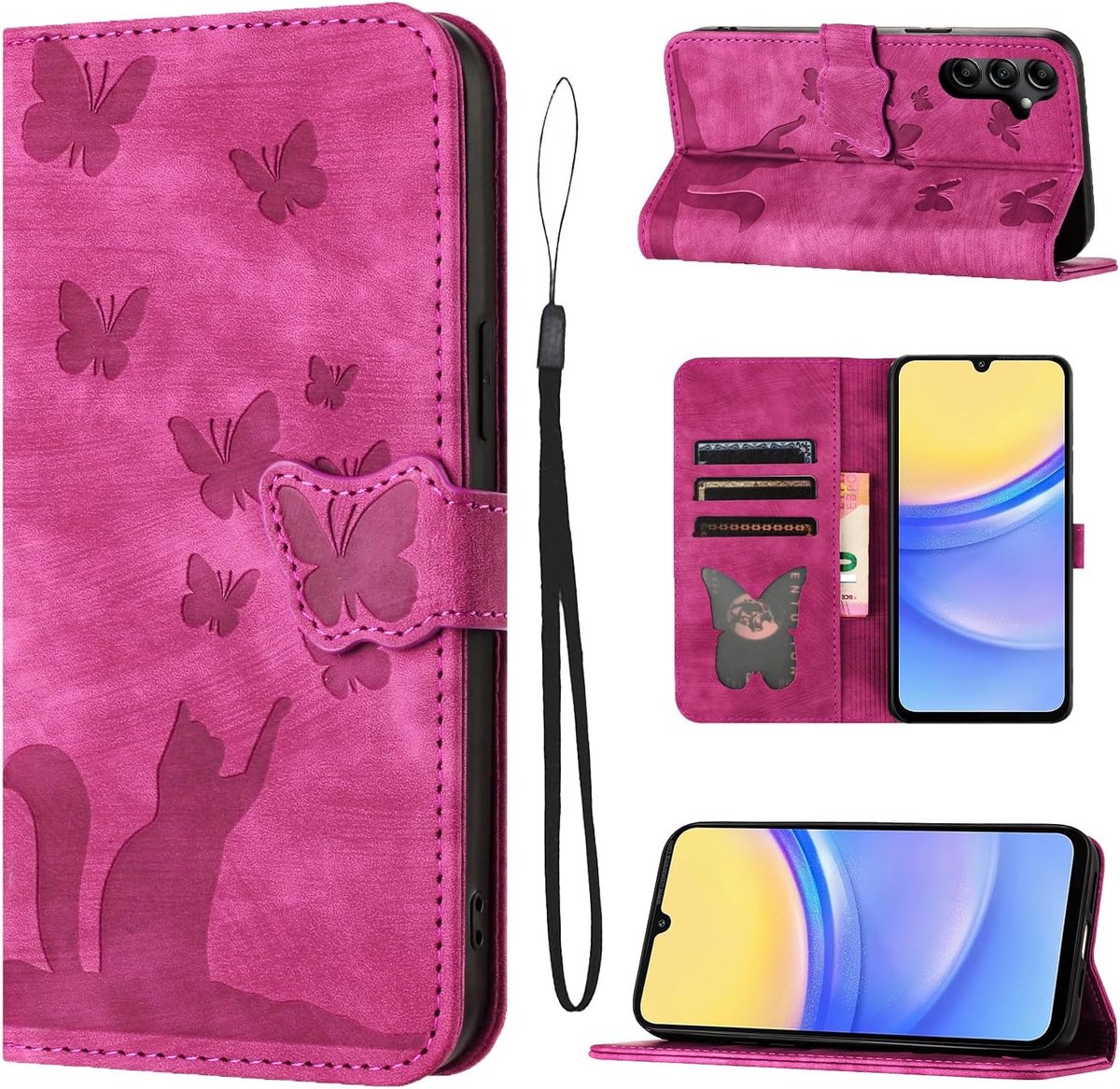 Beschermhoesje voor Samsung Galaxy A16 5G 6,7 inch (17 cm), PU-leren materiaal, beschermhoes Samsung A16 / SM-A166B met kaartsleuven voor katten, vlinder case Samsung A16 / SM-A166B roze