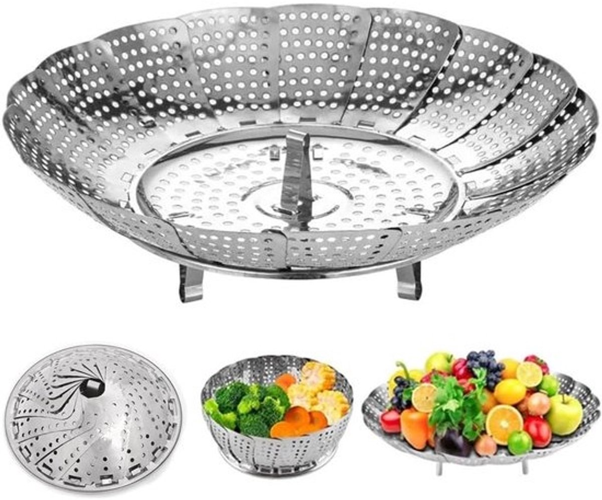 Stoompan Inzet - Stoommand Vergrootbaar - Gezond Koken - Verstelbare Grootte - Compact Opvouwbaar - Zilverkleurig