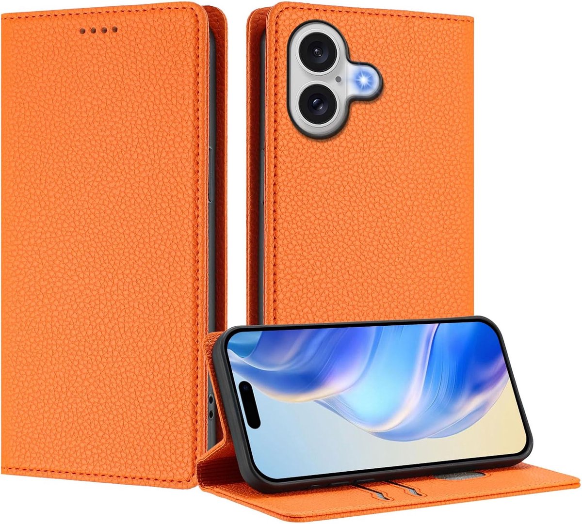 Portemonnee-hoes voor iPhone 2025, PU-lederen foliomagnetische RFID-blokkerende standaard, beschermende flipcover, schokbestendig TPU-binnenhoesje, compatibel met Apple iPhone 2025, LZW, oranje