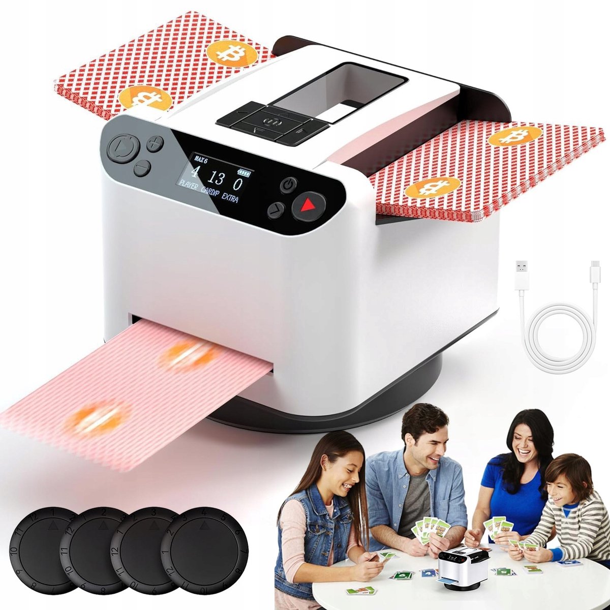 Automatische Kaartschudmachine & Kaartdeelmachine - Elektrische Schudmachine - Schudden & Delen - 360° Draaibare Voet - 4 Deelknoppen - 12 Spelers - Kaartenschudder - Voor Poker & Blackjack & UNO - Wit