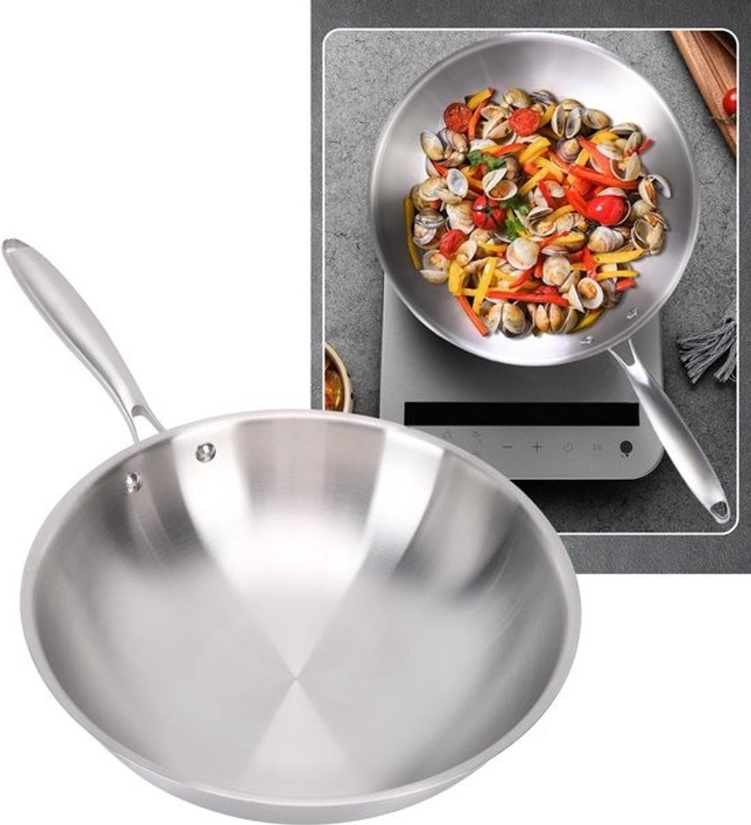 Wok met anti-aanbaklaag - Roerbakpan kookgerei - Snel koken - 304 roestvrij staal - 32CM diameter