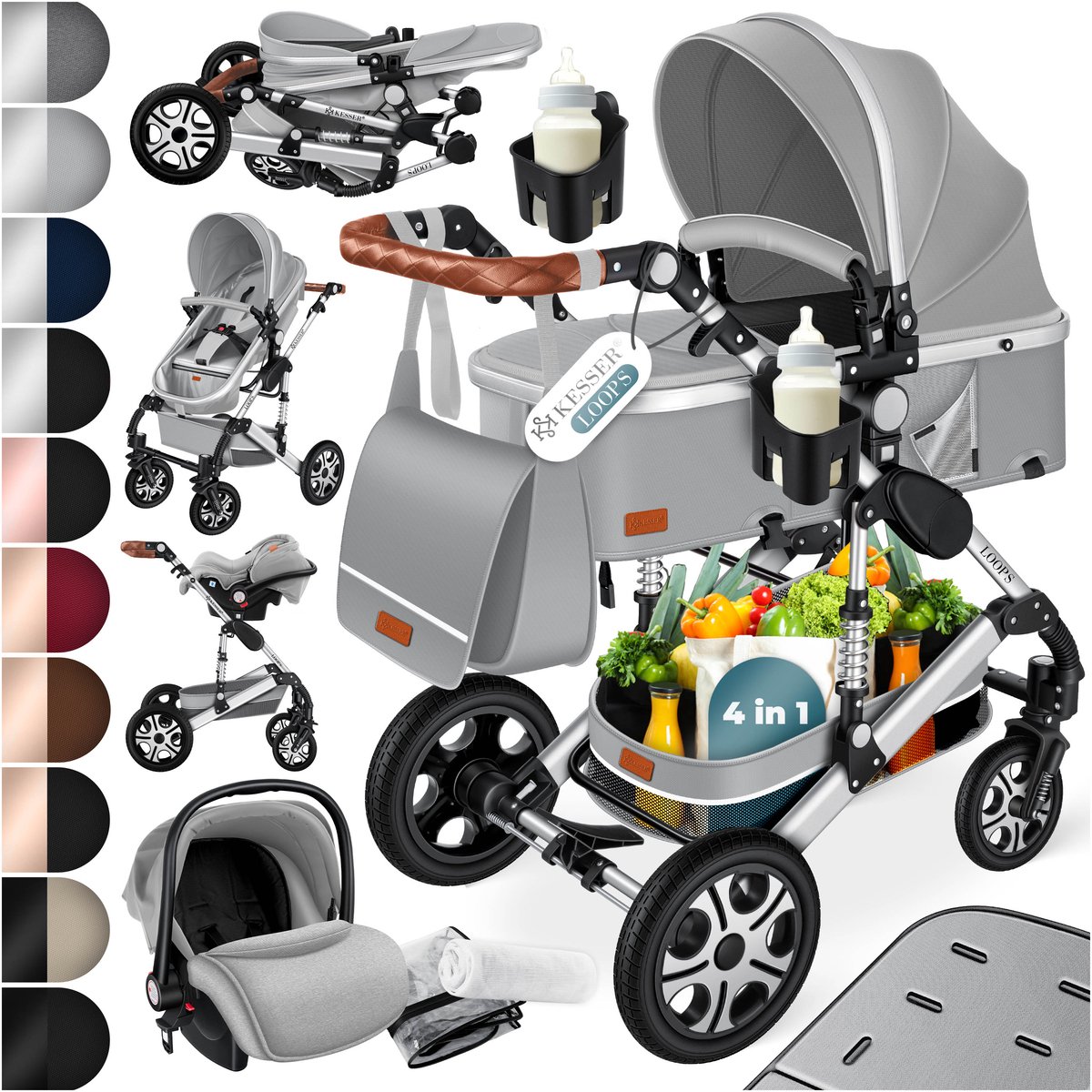 Bol.com KESSER® Kinderwagen 3 in 1 Loops Wandelwagen Set incl. Autostoel & Reiswieg & Buggy Sportzitje - Massieve Rubberbanden -... aanbieding