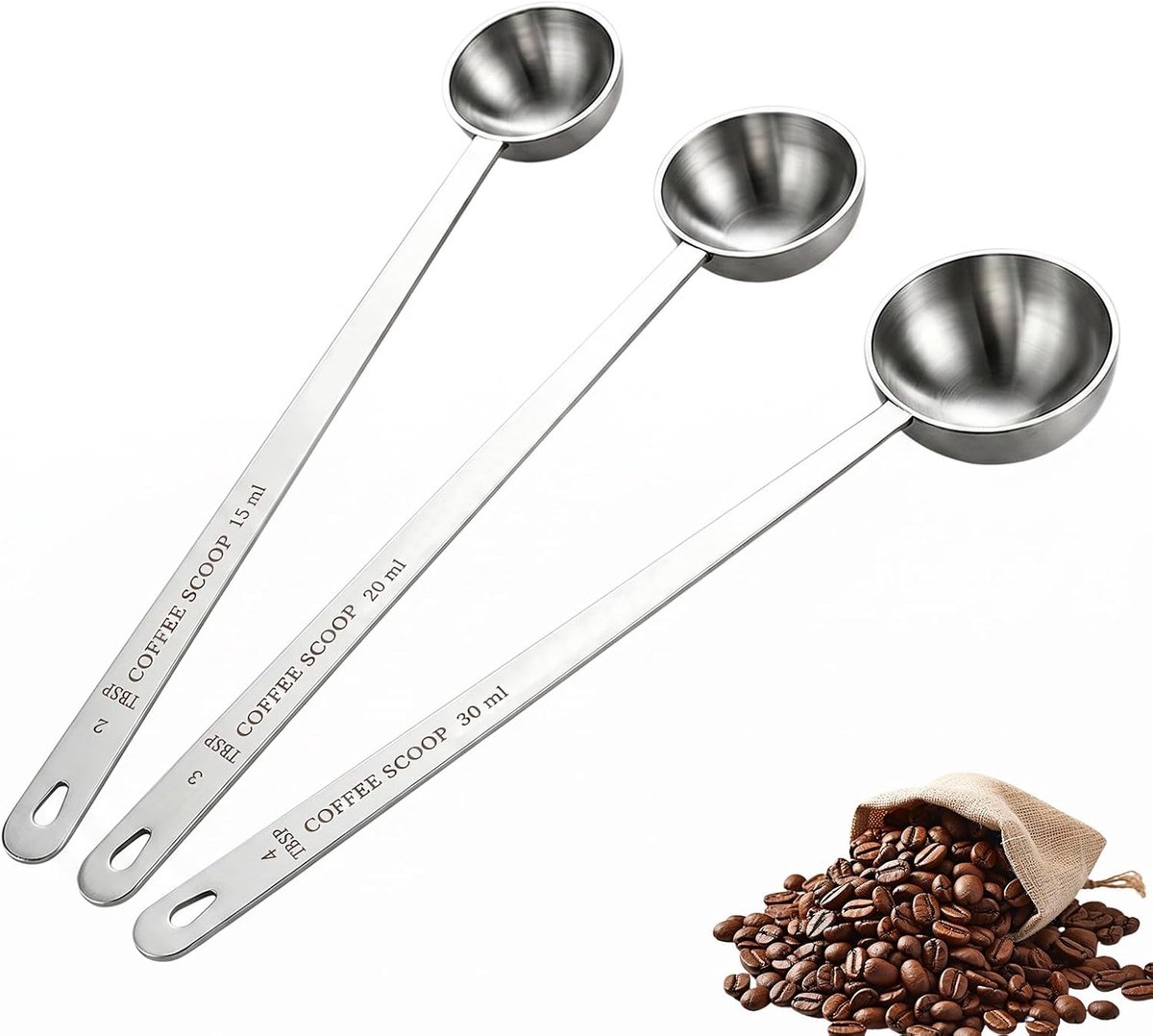 3 stuks koffielepels, eiwitpoeder, maatlepel, lange steel, roestvrij staal, 15, 20, 30 ml, lepel voor gemalen koffie, doseerlepel voor losse thee, melkbouillon, poeder