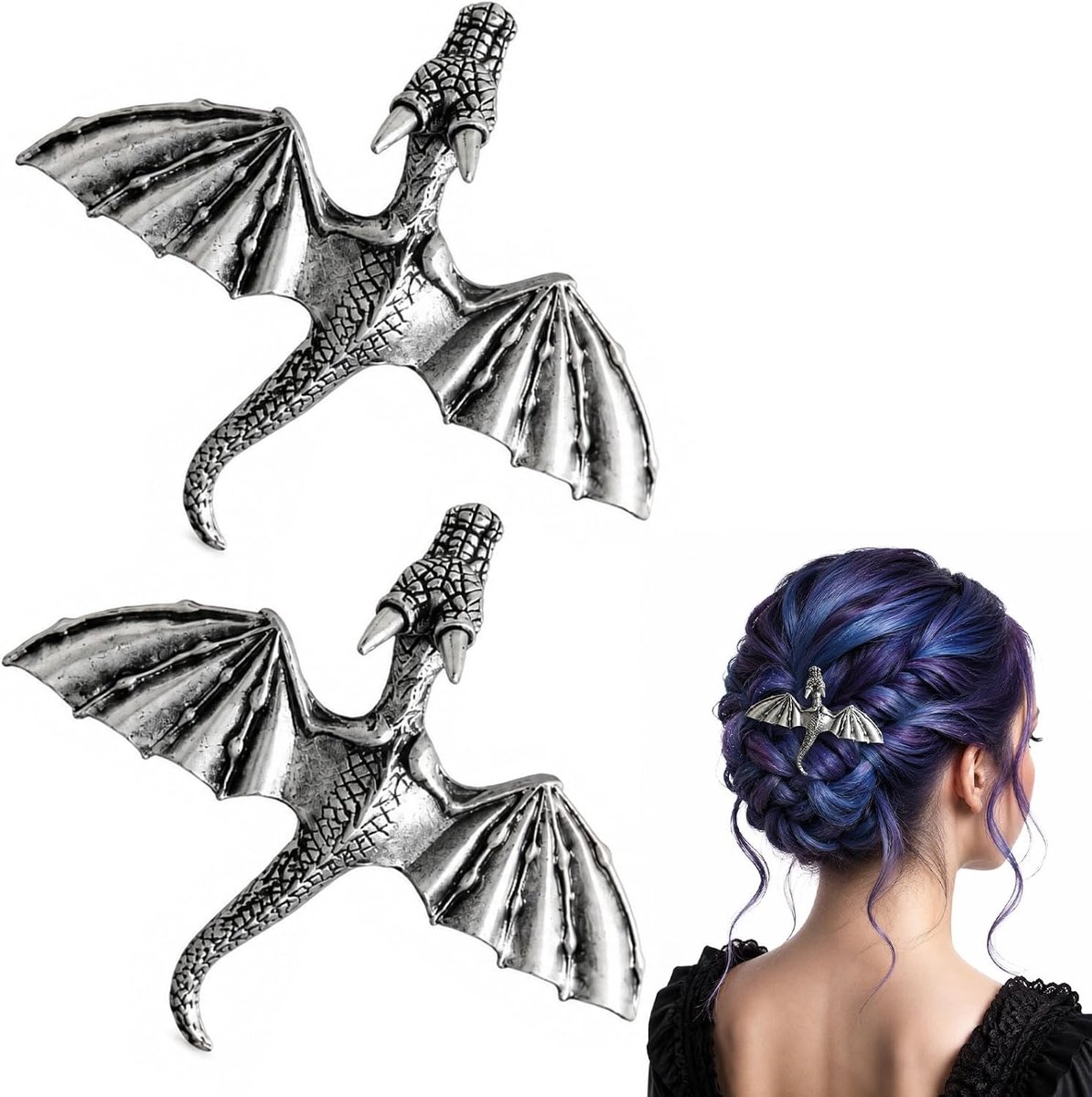 donkere draken-haarspelden van legering, geschikt voor cosplay, Halloween, feesten, met geëtste afwerking en elegante haarspelden voor dames voor alternatieve outfits