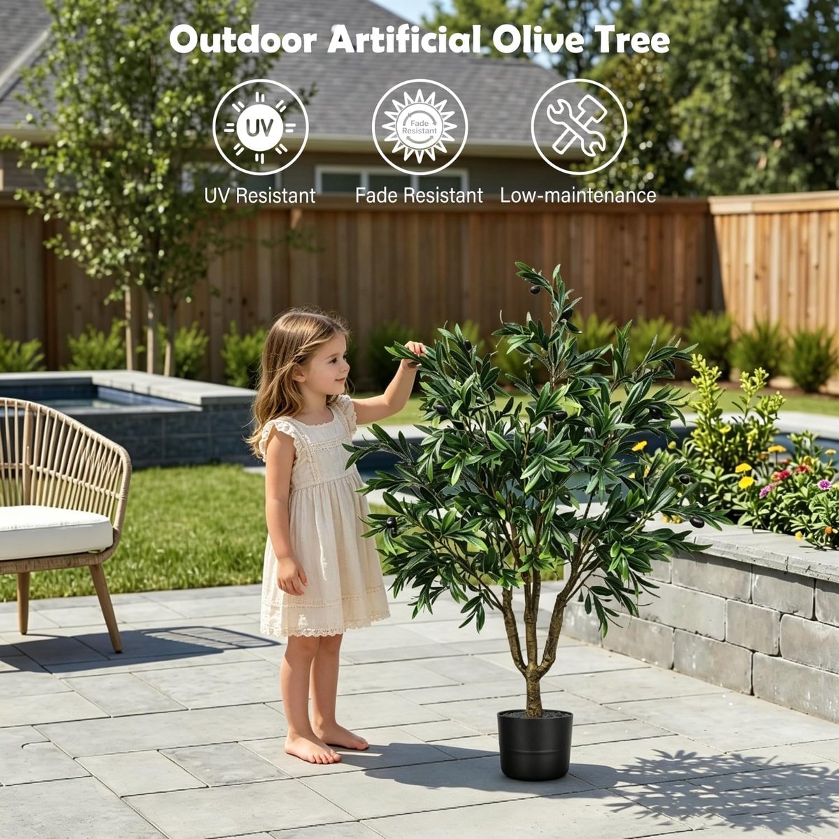 Kunstmatige olijfboom 3,6 FT, UV-bestendige hoge faux olijfplant voor buiten met levensechte bladeren en fruit, natuurlijke houten stam, binnenboom in pot voor thuis, woonkamer, hoek, kantoor, tuin