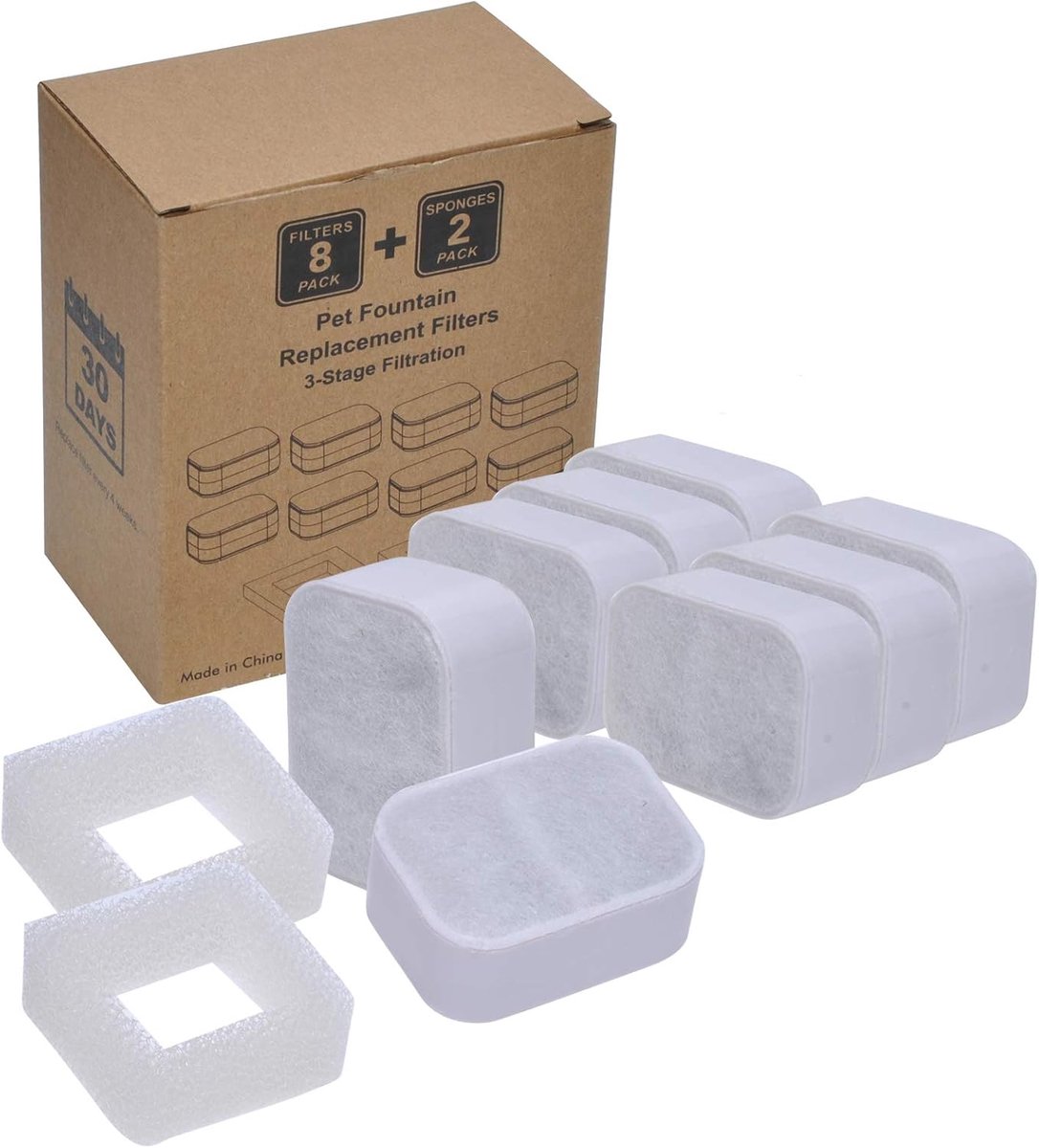Reservefilter, compatibel met iPettie drinkfontein katten en honden, voor 2,1 l kattenfontein, waterdispenser (8 + 2 stuks)