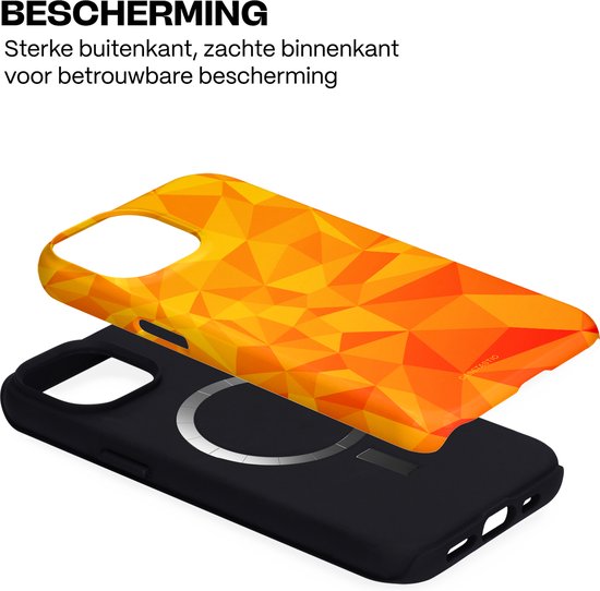 Tweedelig hoesje, oranje polygoon voorzijde en zwarte magsafe achterzijde.