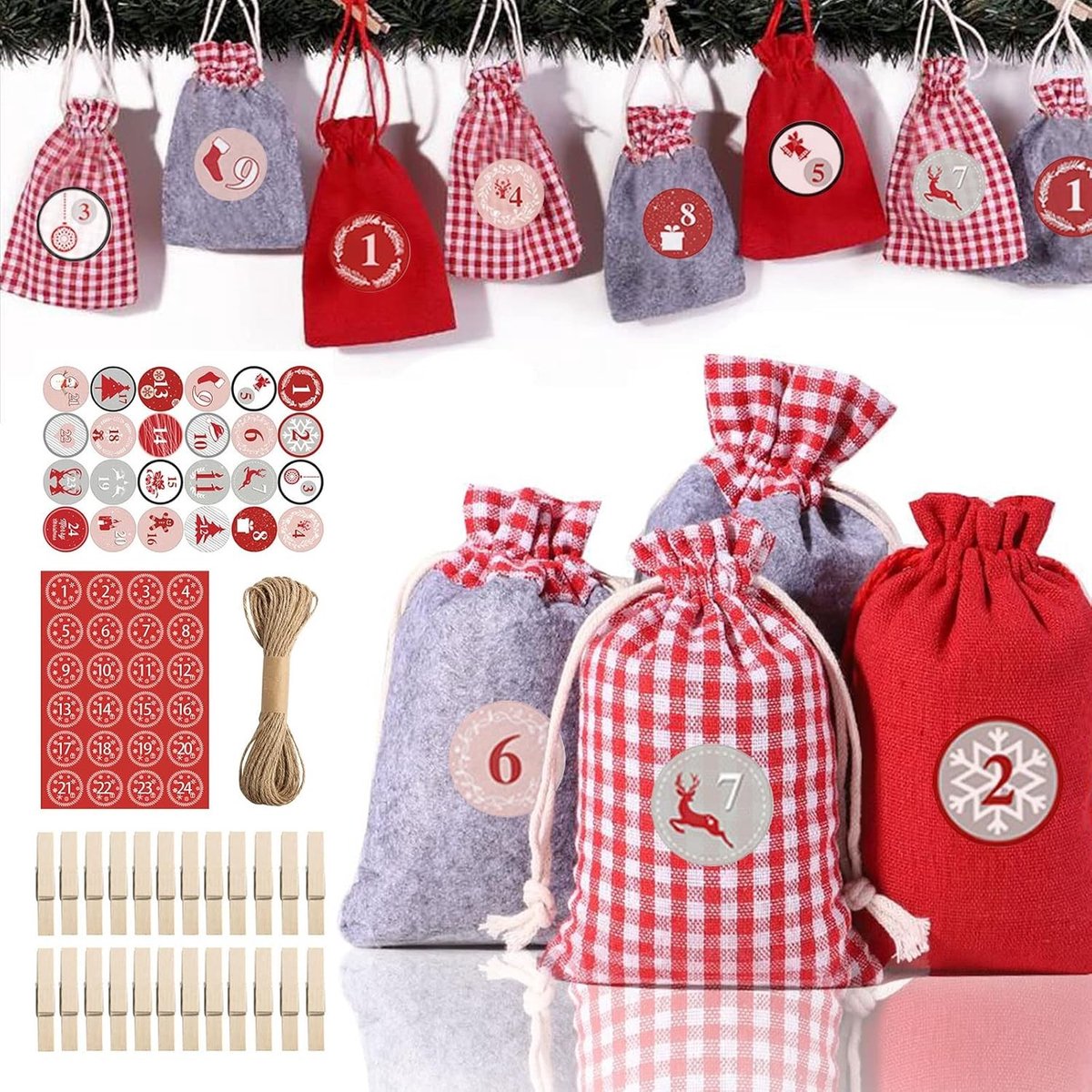 Kerst Adventskalender Kit - Jute - 12 x 20 cm en 10 x 14 cm - Herbruikbare Doe-Het-Zelf Kalender - Voor Kerstdecoratie