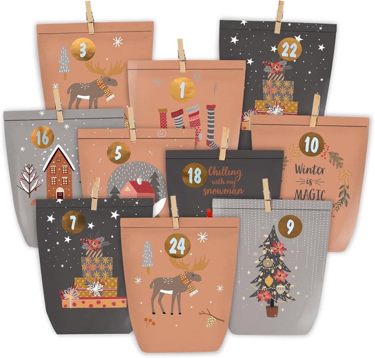 Adventskalender om te vullen - Grijs-bruin - 16 x 6 x 22 cm - Papieren Zakjes met Cijferstickers - Voor Doe-het-zelf Knutselaars