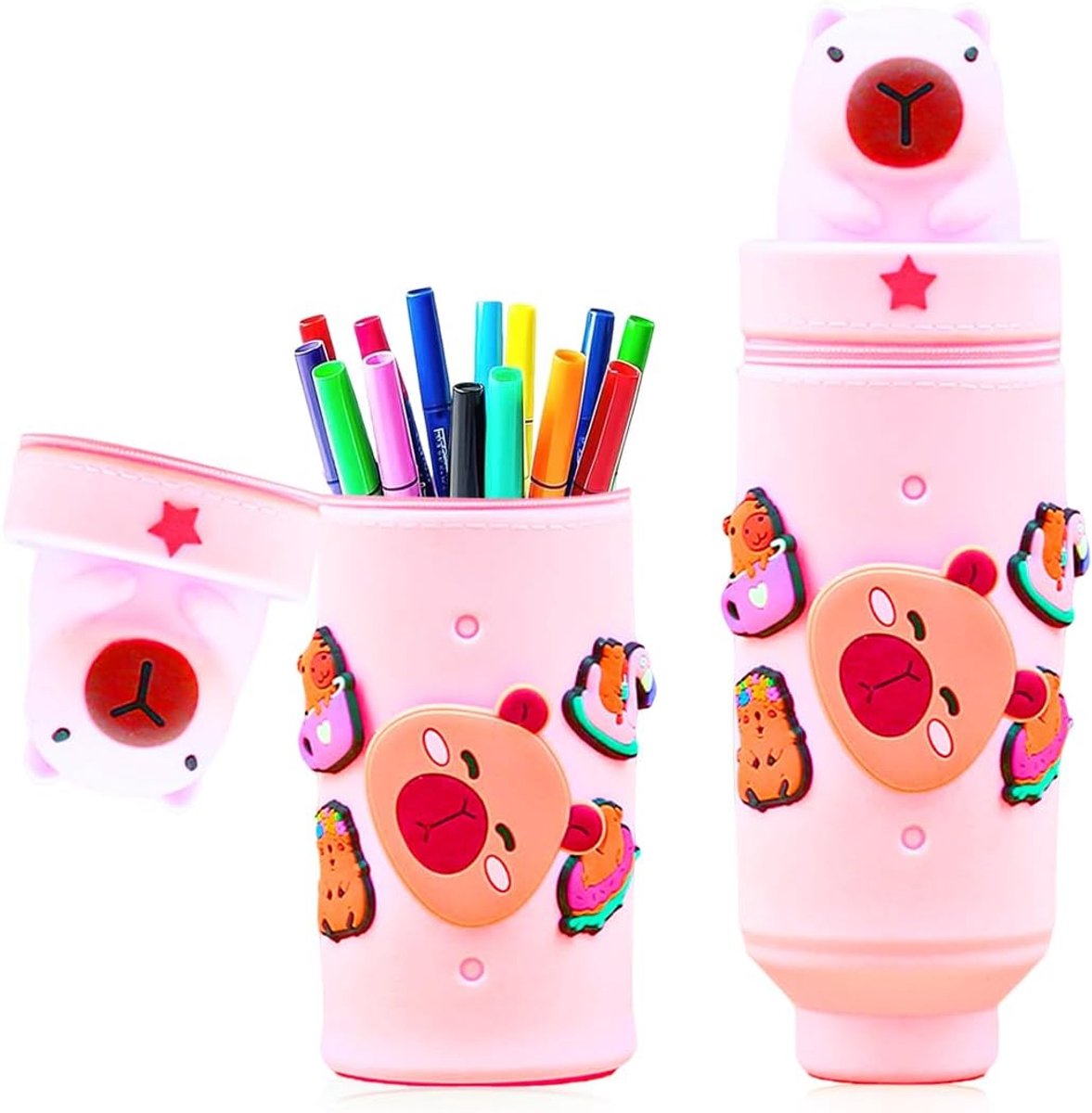 Capibara, schooletui van zachte siliconen, 2-in-1, pennenetui voor kinderen, pennenhouder, siliconen etui, voor kleurpotloden, viltstiften (roze-D)