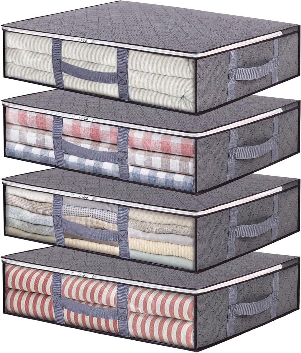 4-pack Onderbed Opbergtassen 40L Opvouwbare Kledingtas Grote Capaciteit Opbergcontainers met Helder Venster Versterkte Handgrepen Ritsgesloten Organizer voor Dekbedden, Dekens, Beddengoed