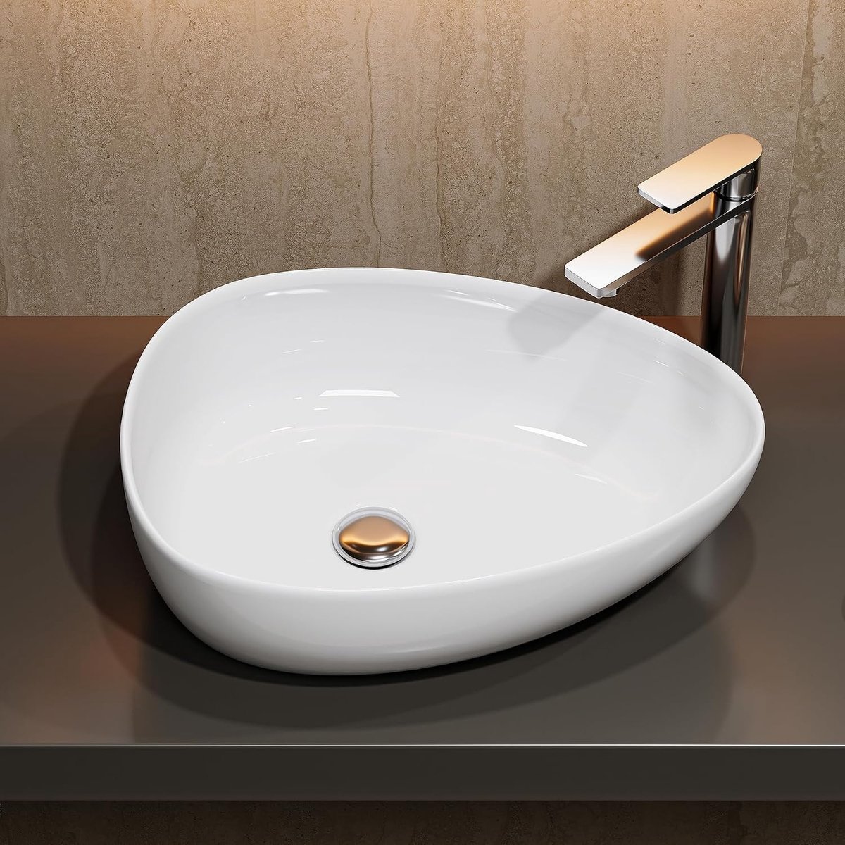 Wastafel ovaal design opzetwastafel modern van keramiek in wit zonder kraangat en overloop, klein gastentoilet, modern elegant
