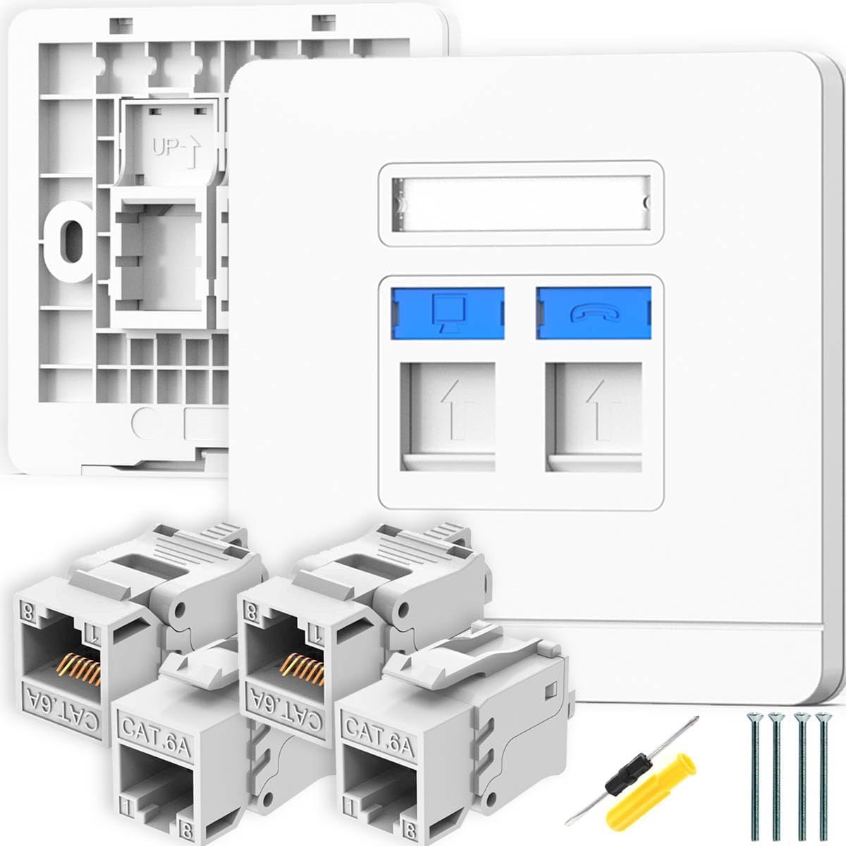 2 stuks CAT6 Gigabit netwerkaansluiting RJ45 Socket Cat6 Ethernet-wandcontactdozen Ethernet dubbele poort RJ45 netwerkwandplaat, voor CAT6/CAT5E/CAT5-kabel met 4 keystone-aansluiting, CAT6