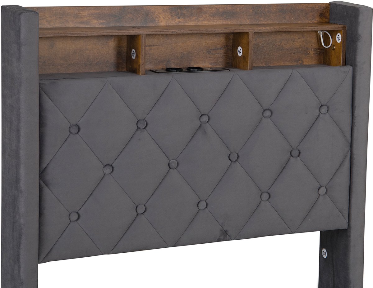 WUVRIE Gestoffeerd bed 90x200 cm met LED-verlichting, USB-aansluiting en opbergruimte, grijs