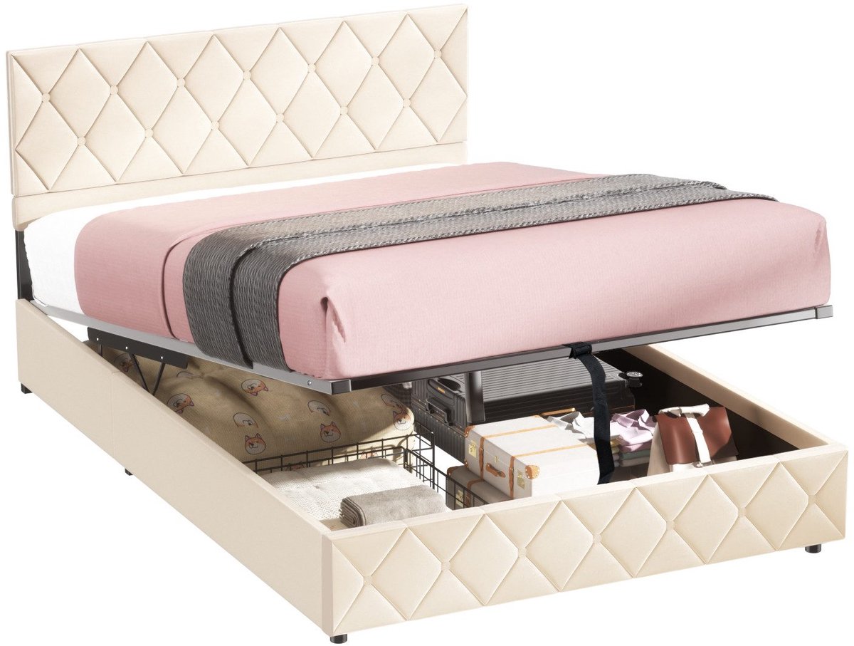 WUVRIE Gestoffeerd opbergbed 160x200 cm met fluwelen bekleding en lattenbodem, beige