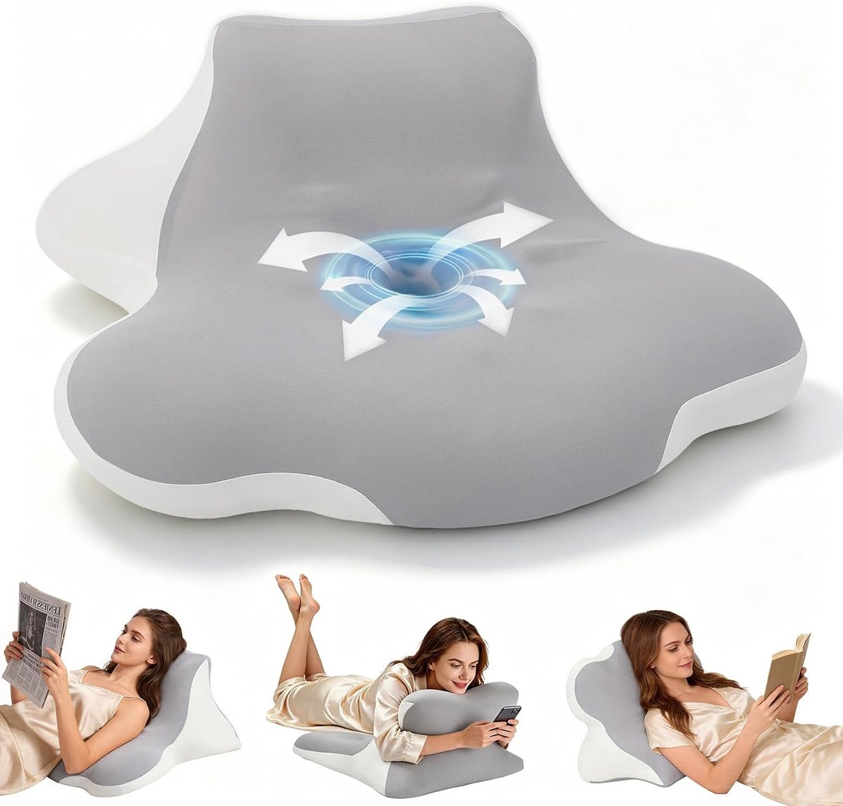 4-in-1 nekkussen van traagschuim met twee-zone-design, ergonomisch wigkussen voor zij-, rug- en buikslapers, afneembare overtrek en multifunctioneel leeskussen voor bed en bank (grijs-wit)