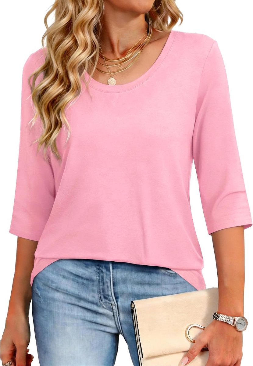 T-shirt voor dames, 3/4 mouwen, ronde hals, los, licht, voor