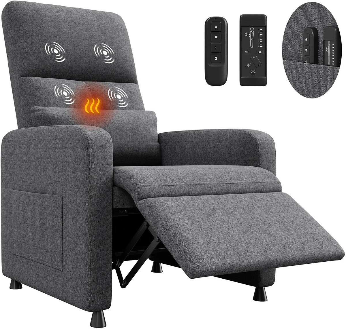 Gudalio Relaxfauteuil - Massagestoel - Relaxstoel - Elektrische Stoel - Ligstoel - Verwarming - Voetsteun - Zijvak - Massage - Grijs
