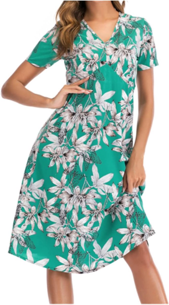 Zomer Nieuwe Stijl Chiffon Print V-Hals Grote Swing Jurk Strand Rok