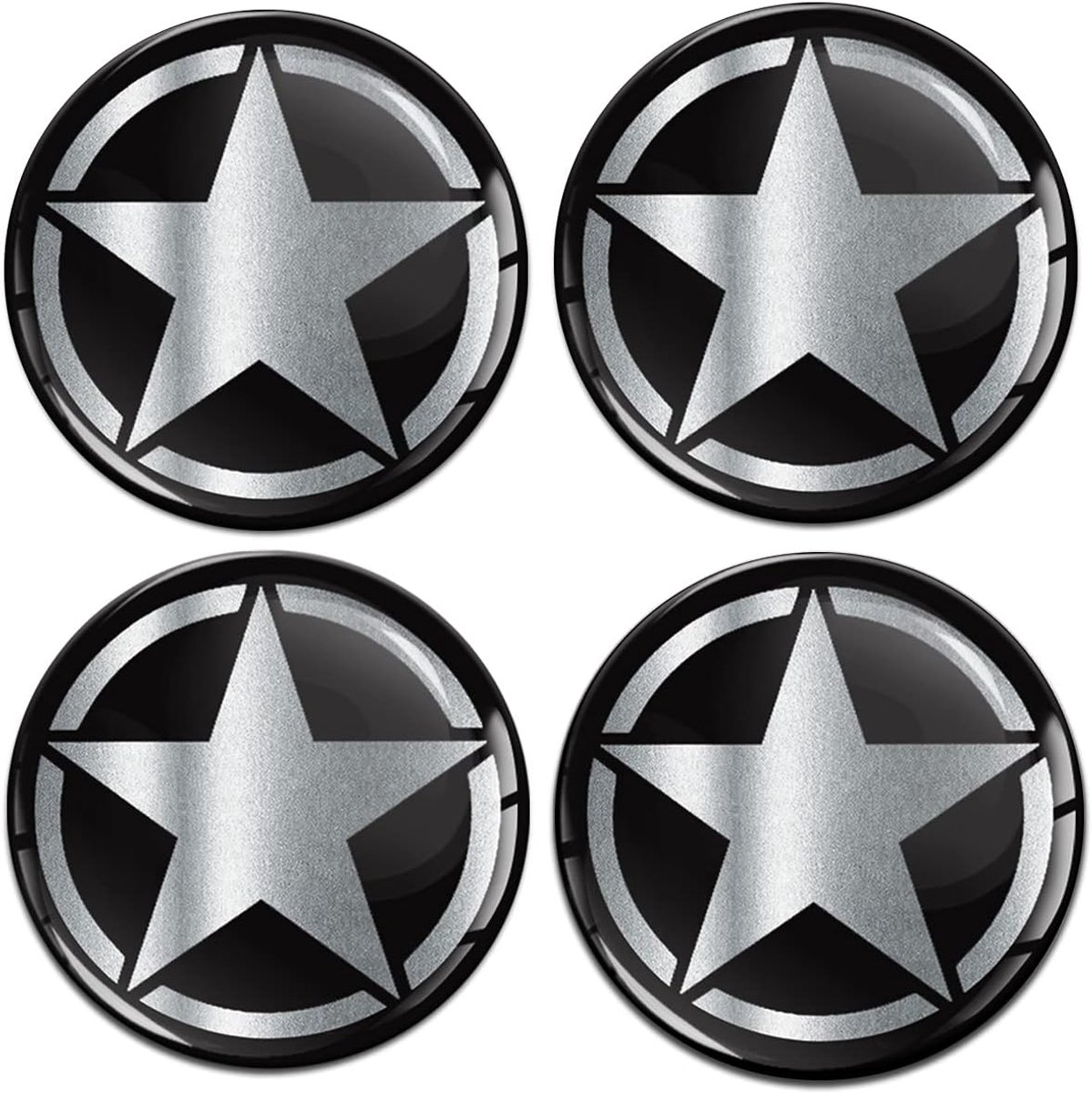 4 x 50 mm sticker 3D gel silicone autosticker stickers velgenstickers wieldoppen naafdop wielnaafdop wielsticker naafdeksel zilver US Army Star leger ster auto tuning A 4150