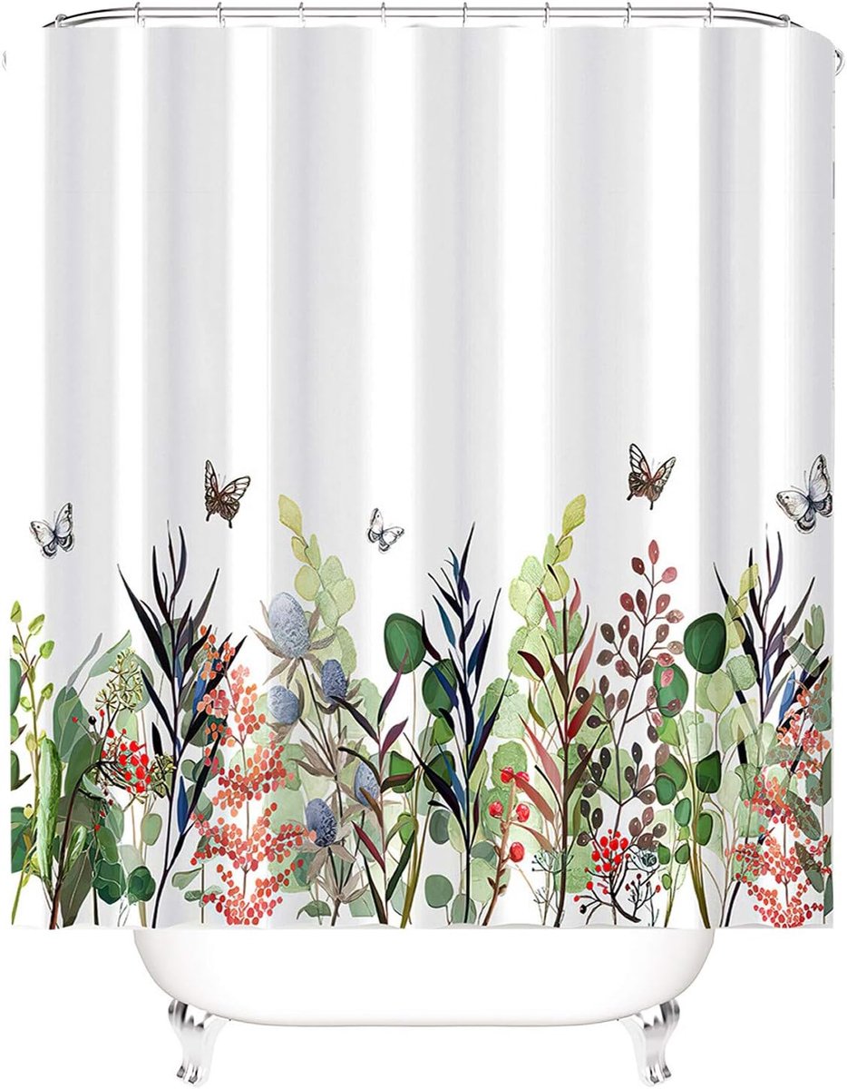 DAS DESIGN Douchegordijn Kleurrijke Bloemen Vlinders Planten Badkamer Textiel Gordijn Antischimmel Wasbaar Bladeren Douchegordijn Bad incl. 12 C-ringen Gewicht onderaan Veelkleurig Bloemen