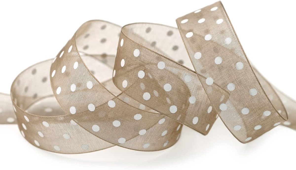 20 m x 25 mm decoratielint chiffon stippen taupe met vormvaste randen cadeaulint lint transparant organza bruiloft verjaardag chiffon lint Pasen kinderen stippen gestippeld