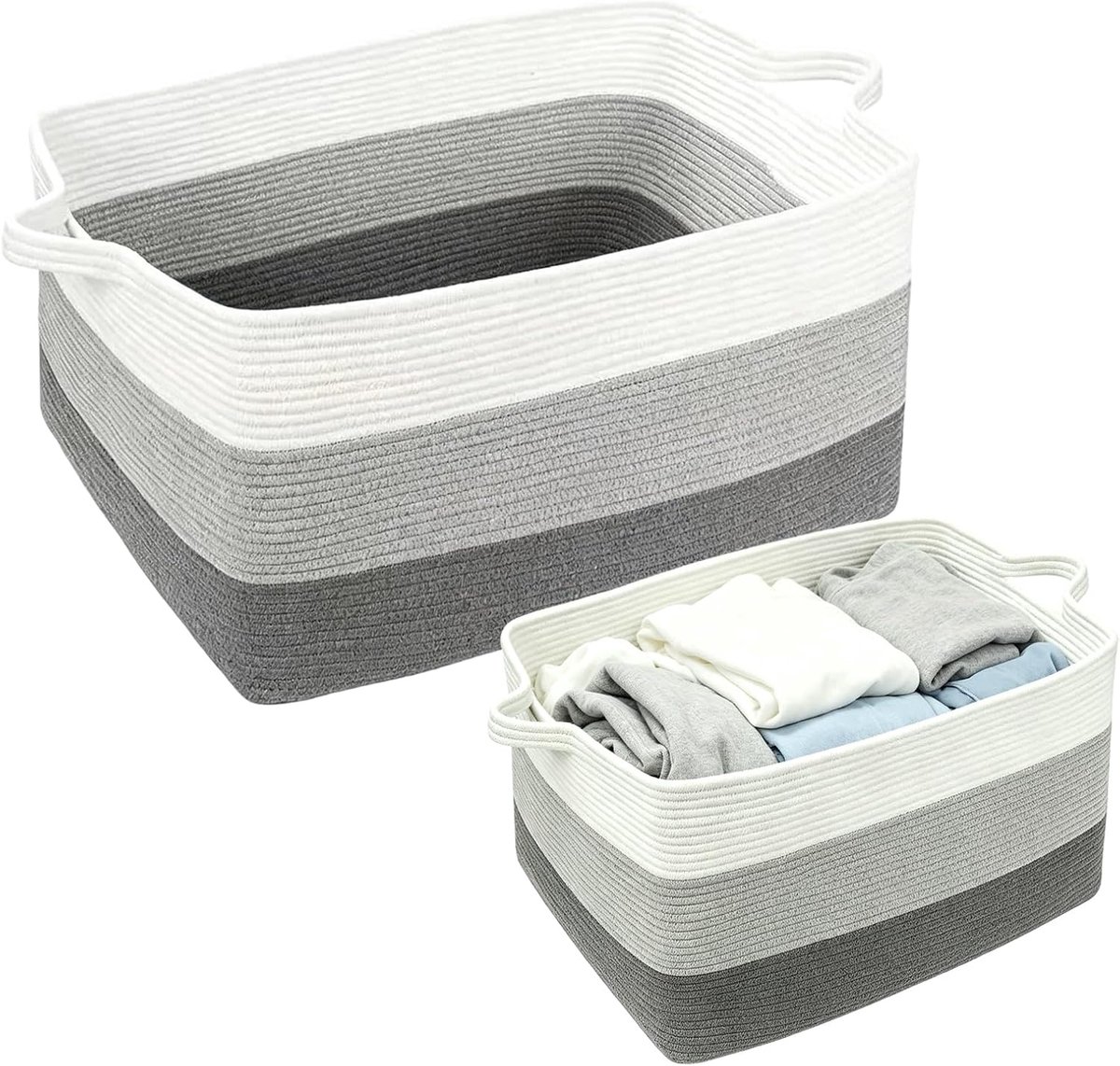 opbergmand, 60 l, wasmand van katoenen touw, stoffen mand met handgrepen, grote geweven opbergmand, speelgoedmand, mand voor slaapkamer en woonkamer, 48 x 34 x 28 cm (grijs en wit)