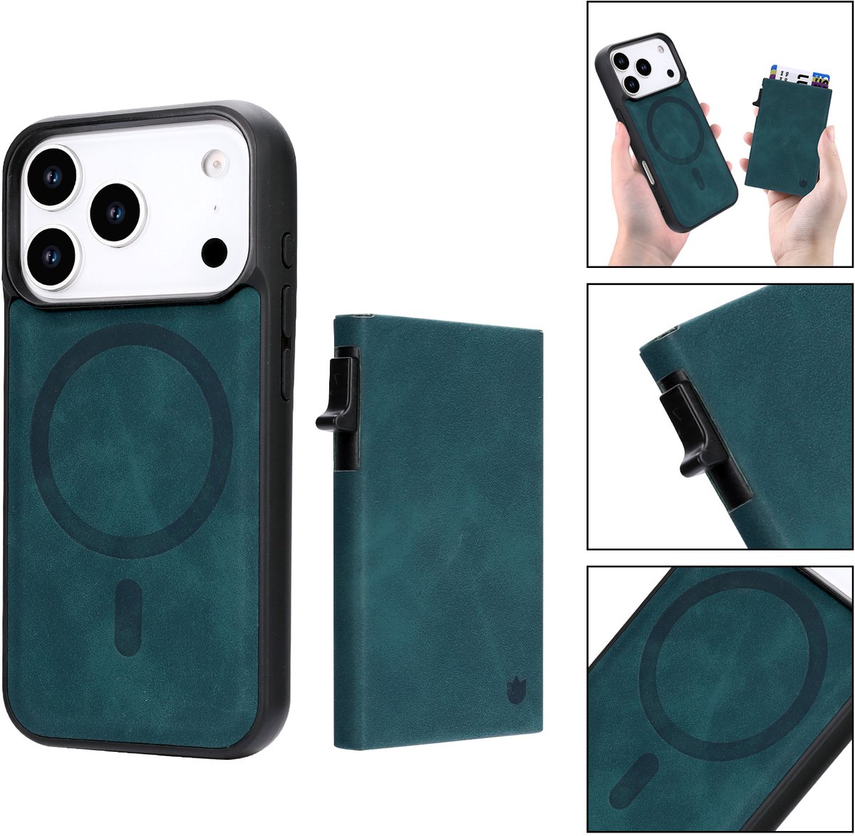 Casemania Hoesje Geschikt voor Apple iPhone 18 Pro Max - Emerald Green - Magnetisch Back Cover met Uitschuifbaar Pasjeshouder - 2 in 1 Telefoonhoesje geschikt voor MagSafe met 6 Pasvakjes Creditkaarthouder - Groen