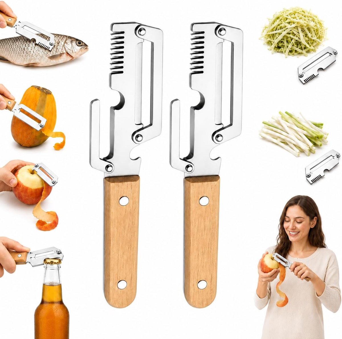 5-in-1 groenteschiller, set van 2, multifunctionele dunschiller met roestvrij stalen lemmet en houten handvat, dunschiller met flesopener, visschiller en lenteuiensnijder voor keuken, fruit en