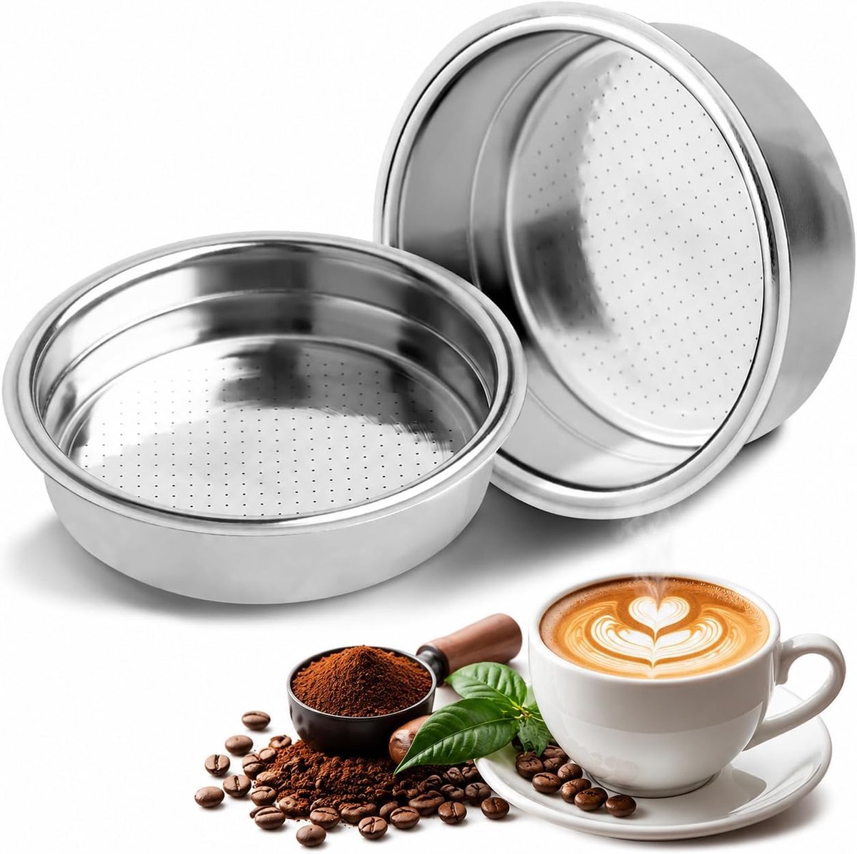 2 stuks geperste koffiefilter, 51 mm, roestvrij staal, espressofilter, fijnmazig gepolijst, 1 en 2 kopjes, compatibel met espressomachines met filterhouder 51 mm, accessoires Barista