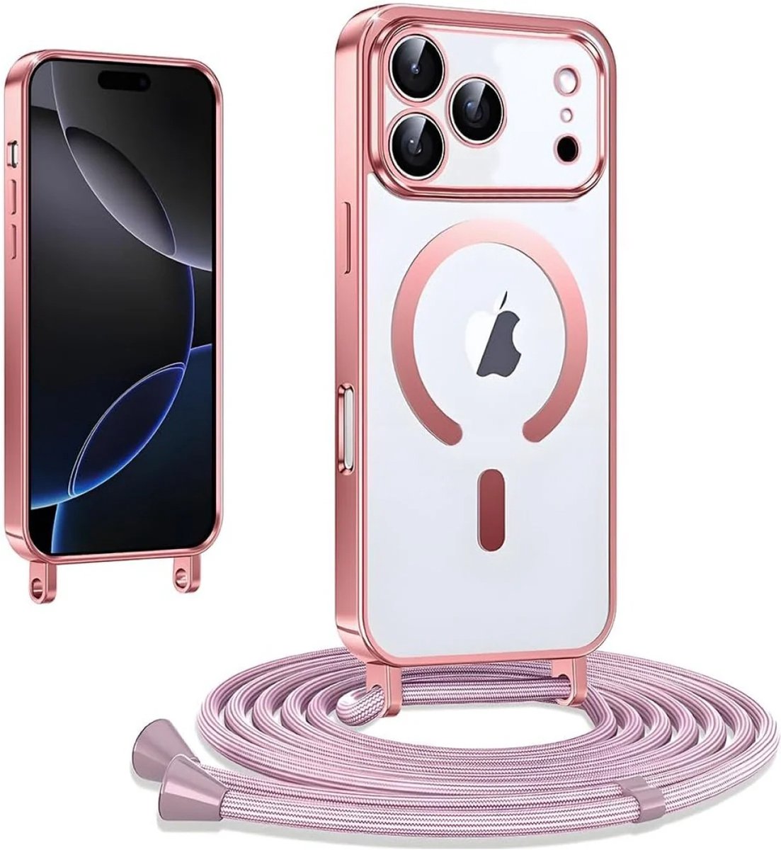 Casemania Hoesje Geschikt voor Apple iPhone 18 Pro Max - Rosegoud - Siliconen Back Cover met Koord - Geschikt voor MagSafe - Telefoonhoesje met Koord - Crossbody Lanyard Cord Case
